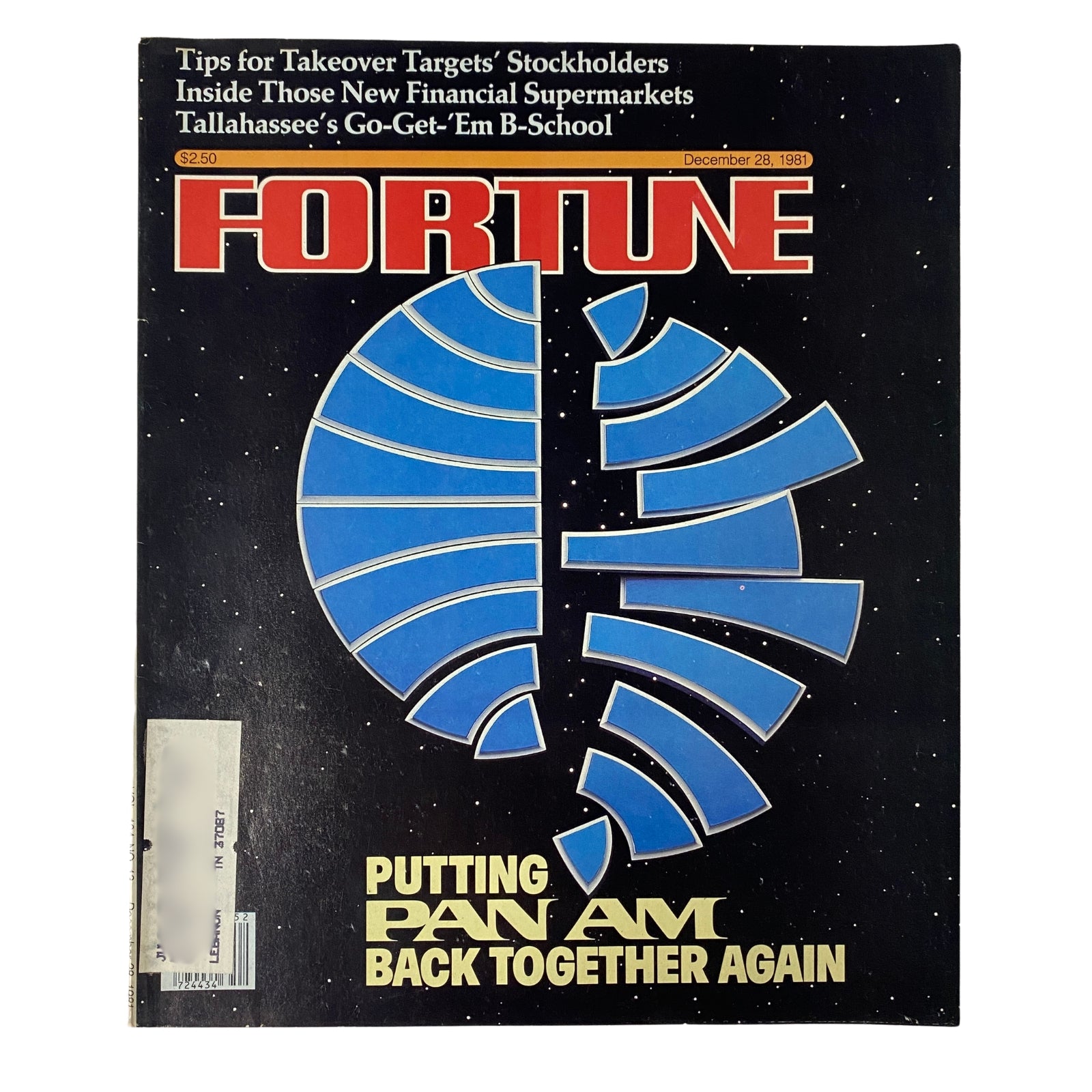 Fortune Magazine cover from December 28, 1981, featuring title 'The Unglued Pan Am Logo' with a striking design. This issue discusses Pan Am's financial struggles and the challenges faced by the airline industry during the early 1980s.
