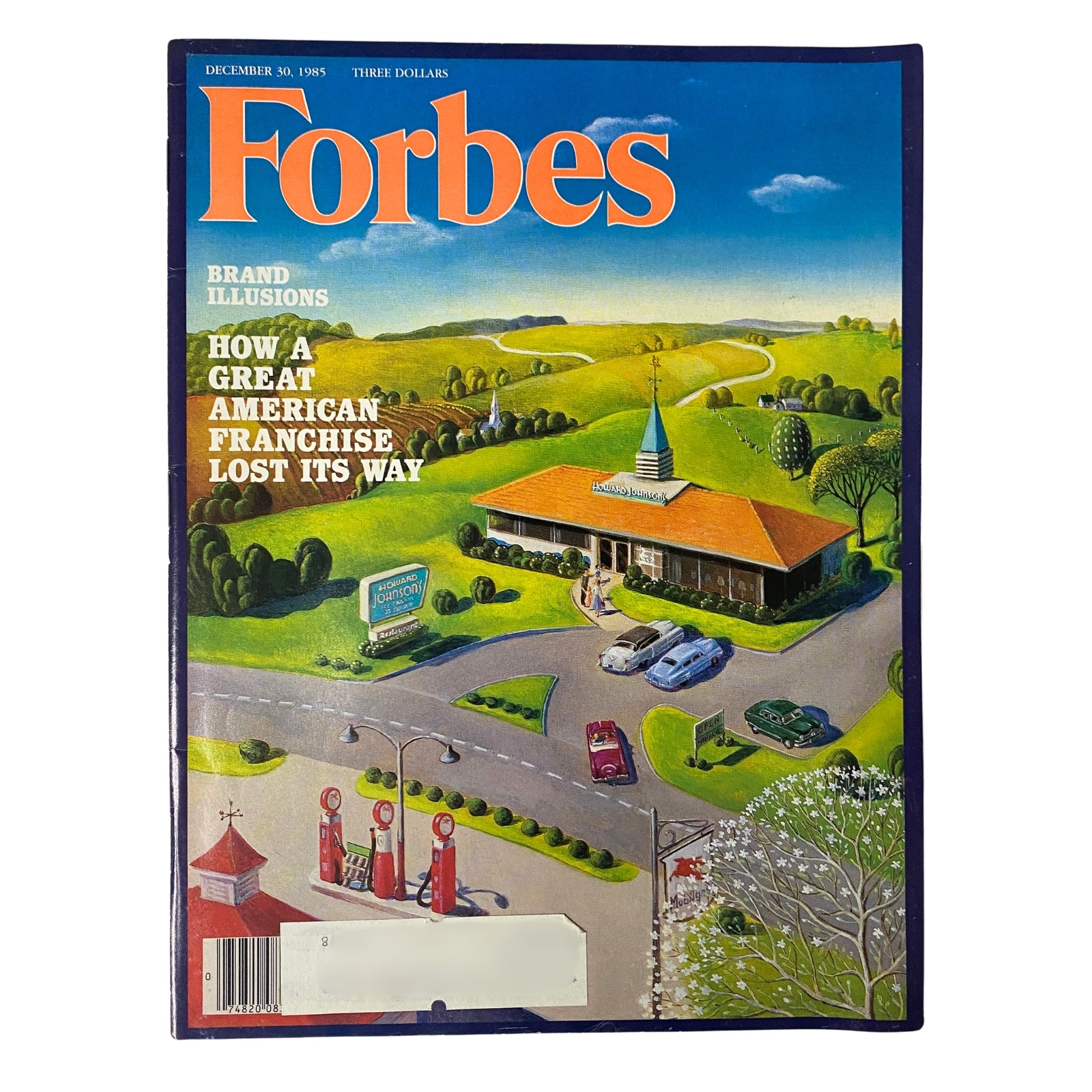Forbes Magazine December 30, 1985 cover featuring the title 'How A Great American Franchise Lost Its Way' with an illustration of a Howard Johnson restaurant and surrounding landscape.