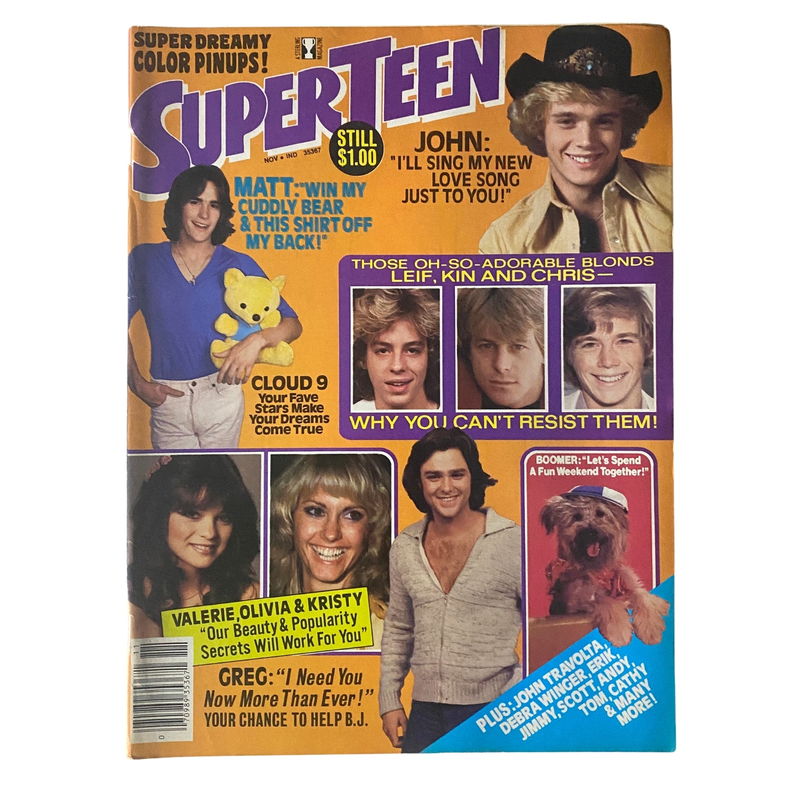 Cover of SuperTeen Magazine November 1980 featuring John Schneider and Matt Lattanzi, showcasing popular teen idols and colorful promotional content.