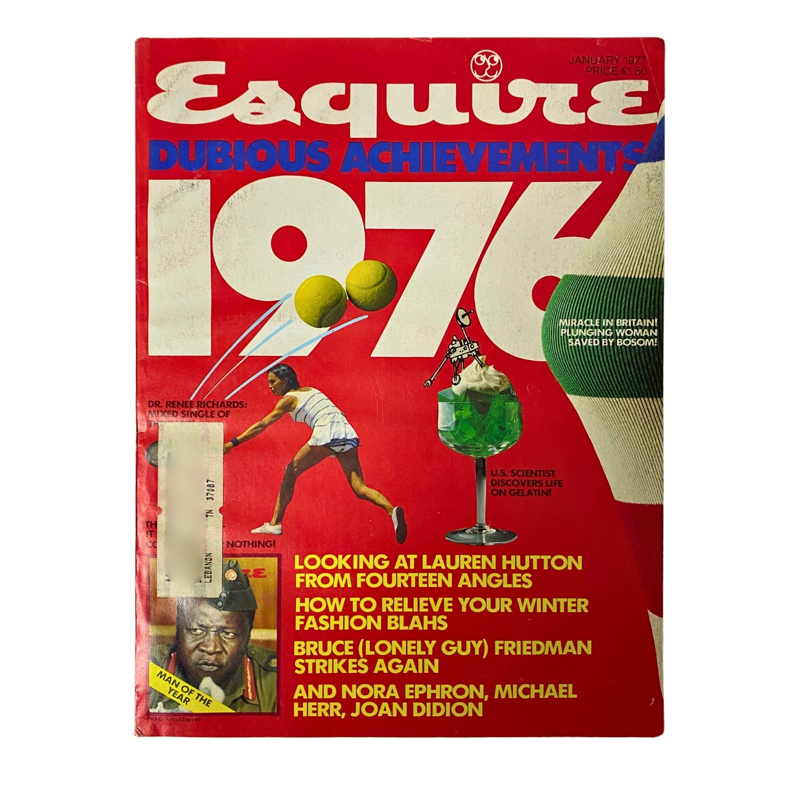Cover of Esquire Magazine January 1977 featuring the "Dubious Achievements of 1976" with bold graphics, sports references, and notable figures of the time.