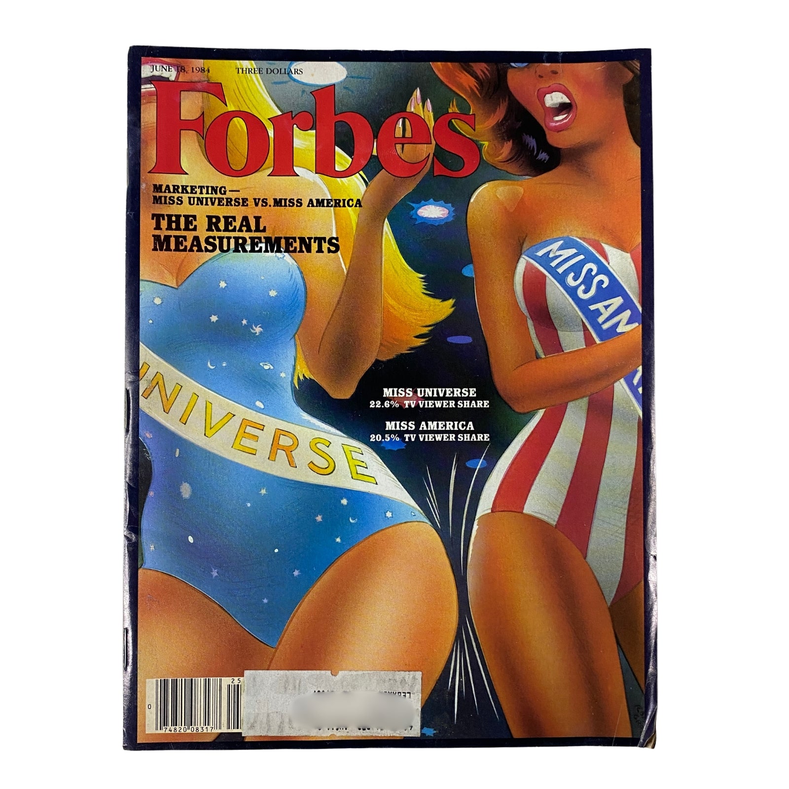 Cover of Forbes Magazine dated June 18, 1984, featuring Miss Universe and Miss America, highlighting TV viewer share statistics.