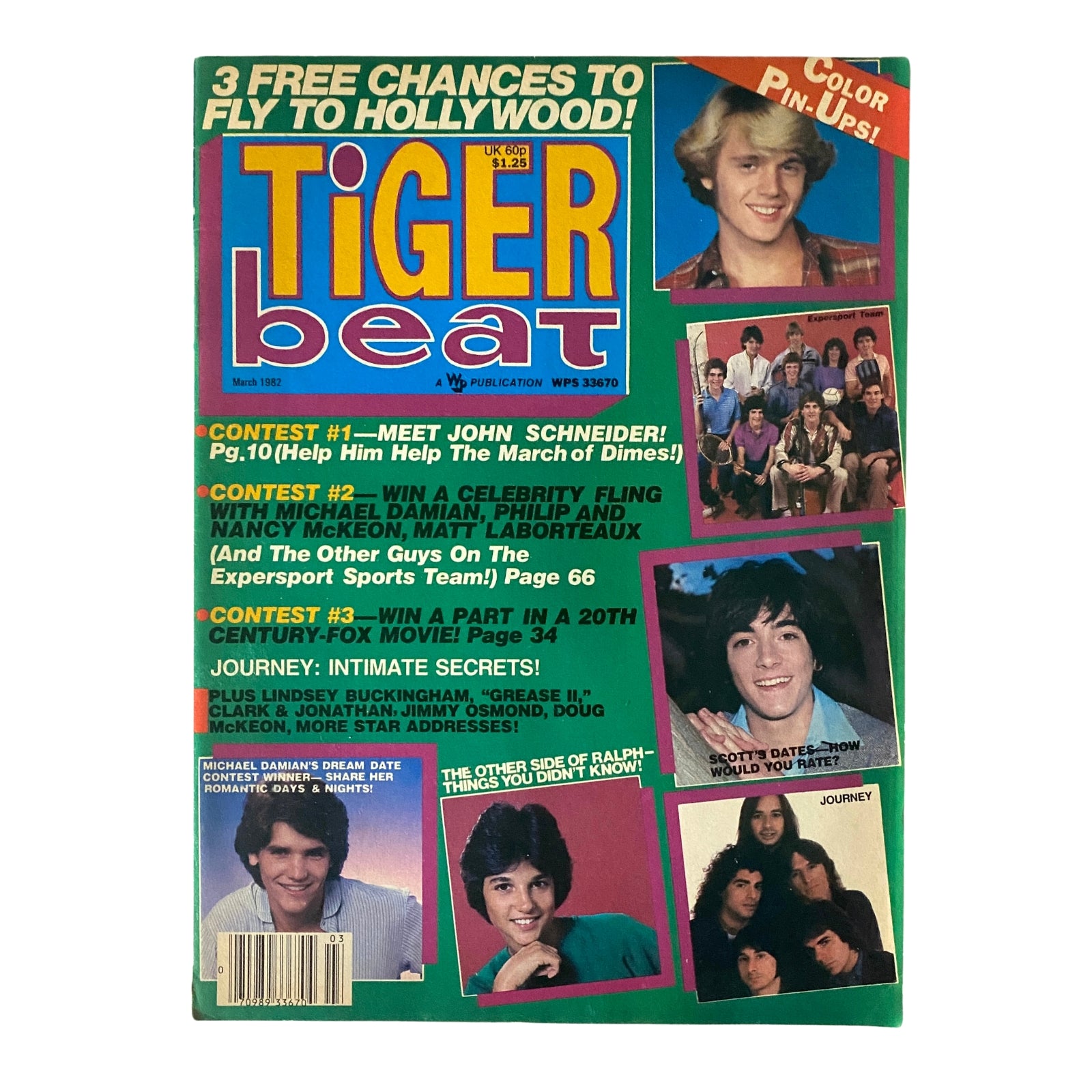 Tiger Beat Magazine March 1982 front cover featuring Scott Baio and Michael Damian, promoting contests and color pin-ups.