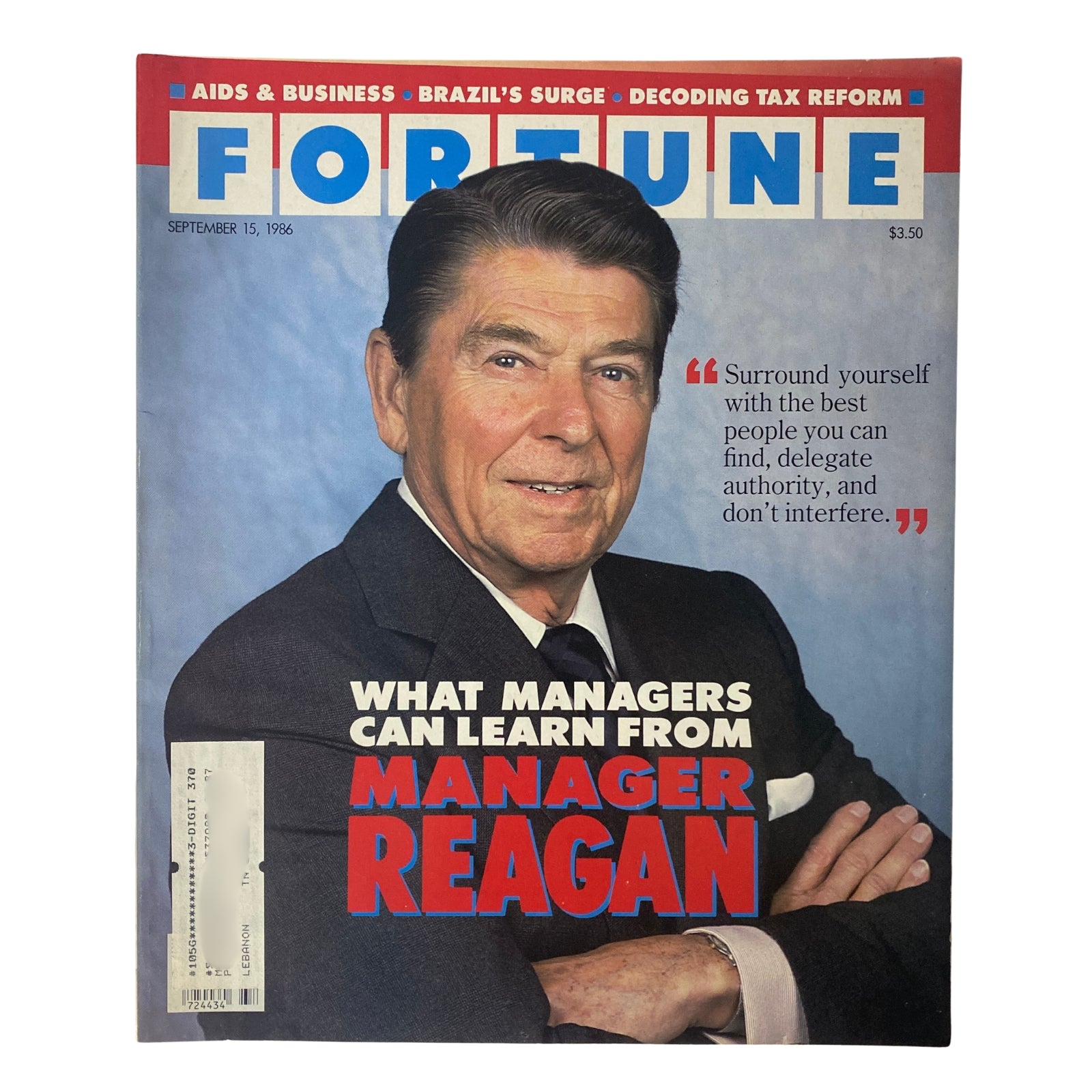 Fortune Magazine September 15, 1986 cover featuring Ronald Reagan, showcasing the title 'What Managers Can Learn From Manager Reagan' and highlighting Reagan's leadership quotes.