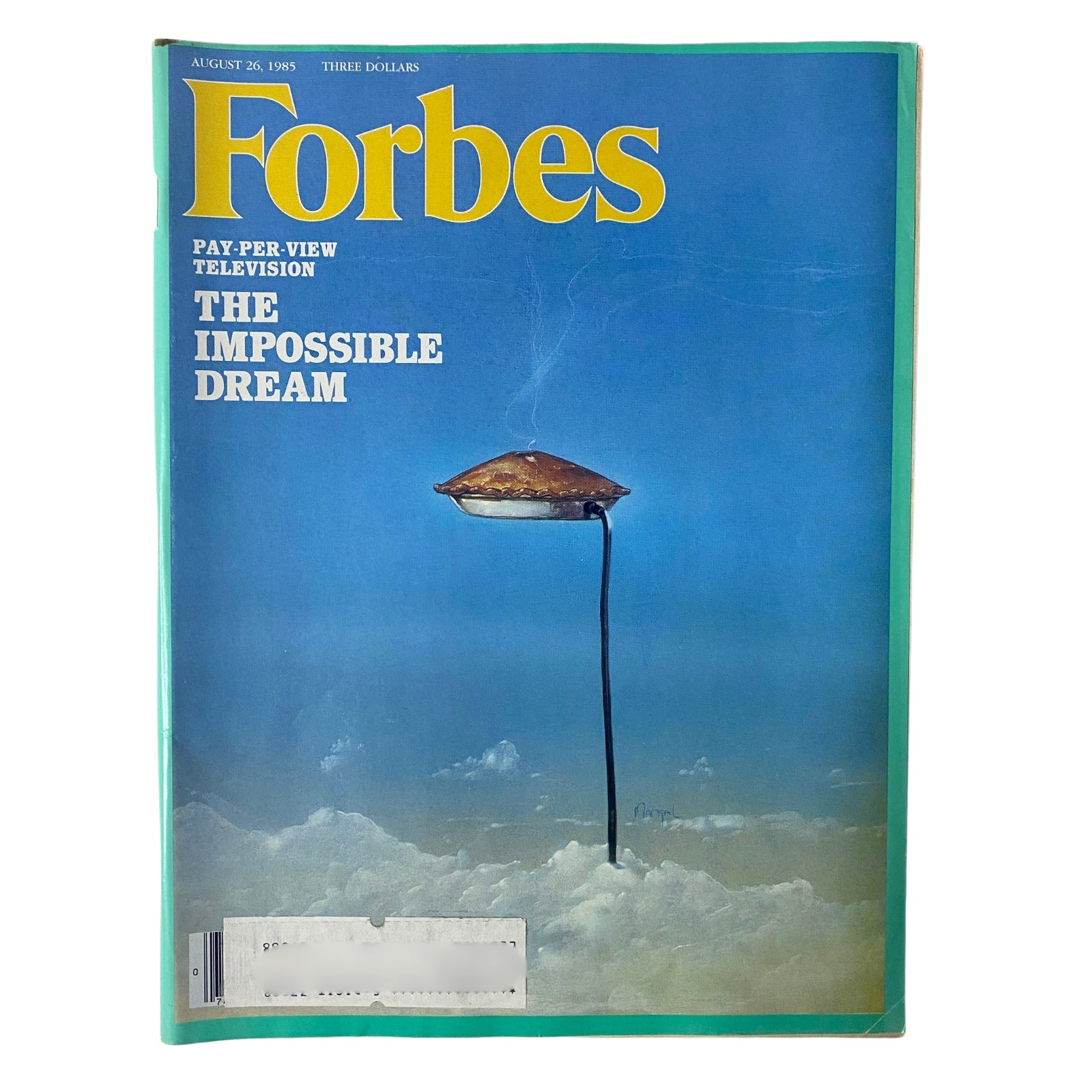 Forbes Magazine cover from August 26, 1985, featuring the title 'Pay-Per-View Television: The Impossible Dream' with an artistic illustration of a flying object over clouds.