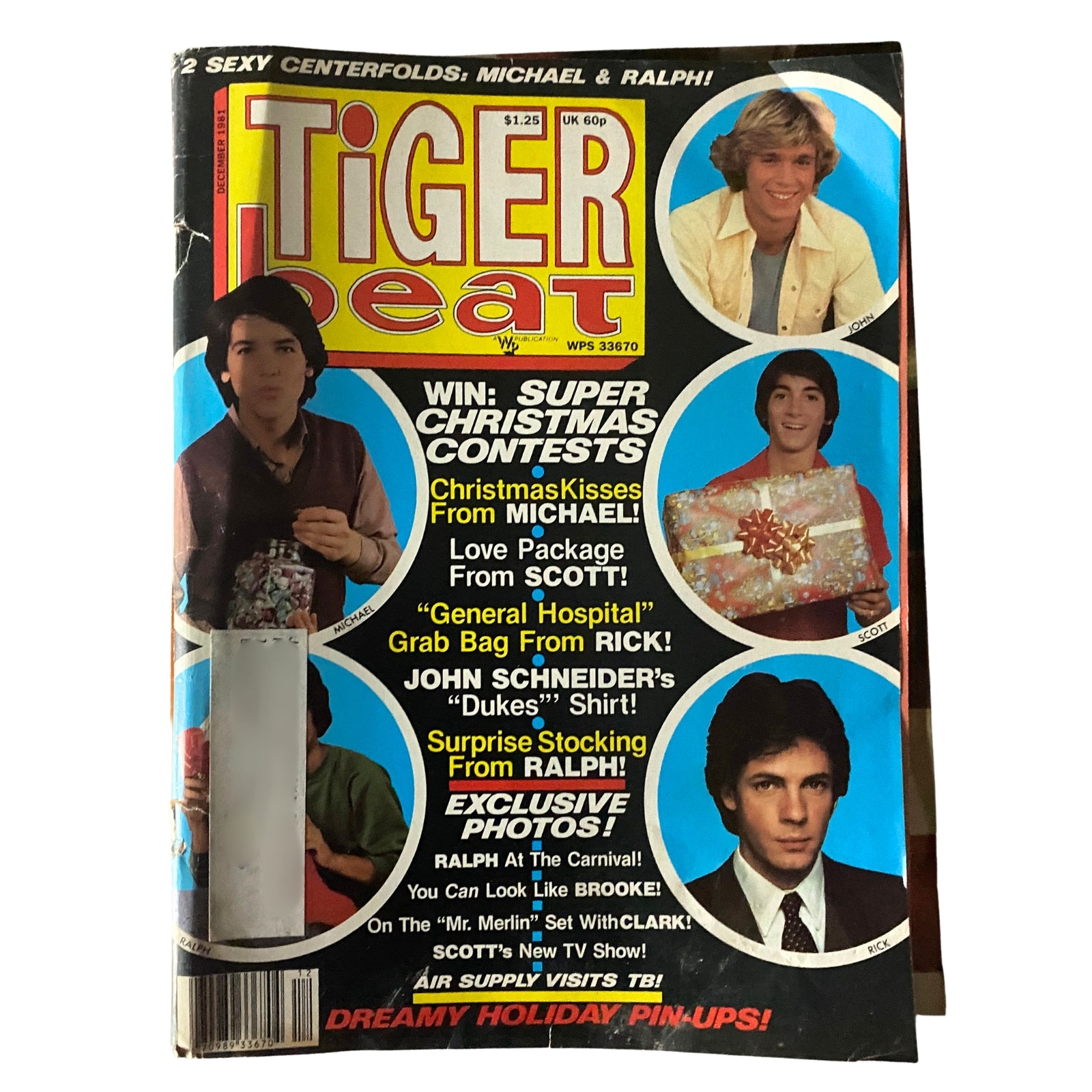 Cover of Tiger Beat Magazine December 1981 featuring John Schneider, Scott Baio, and Rick Springfield with Christmas contest promotions and celebrity highlights.
