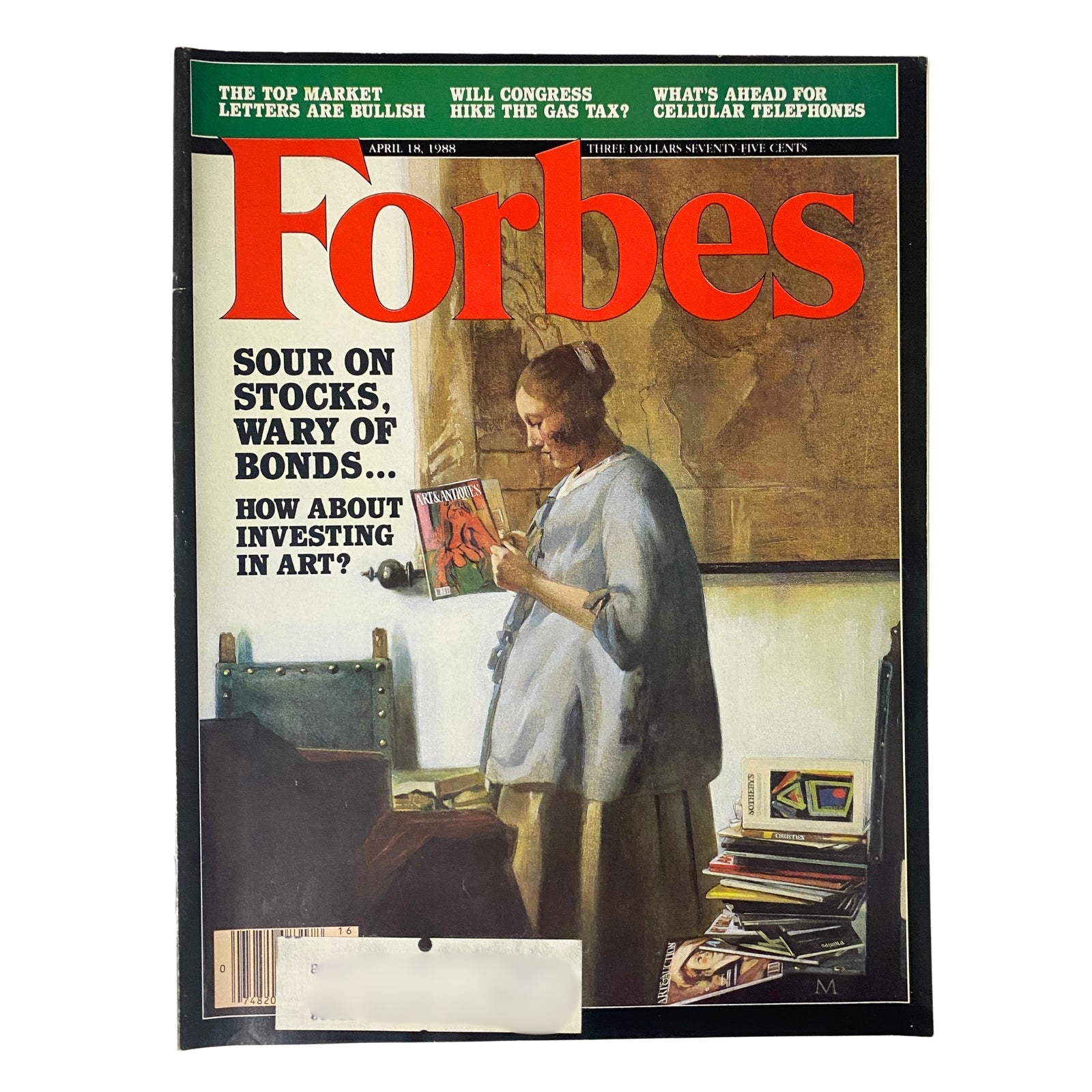 Cover of Forbes Magazine from April 18, 1988 featuring the title 'Greed is Not Just For Profit' by Susan Lee, depicting a woman reading about art investments.