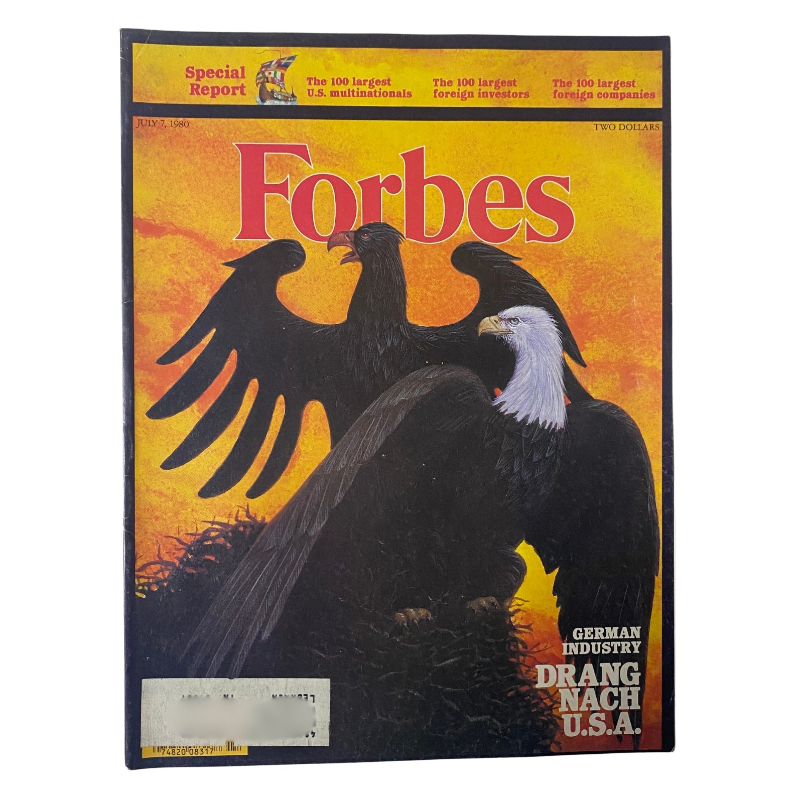 Forbes Magazine July 7, 1980 featuring the cover story 'German Industry Drang Nach U.S.A.' showcasing two eagles, symbolizing the competitive corporate landscape.