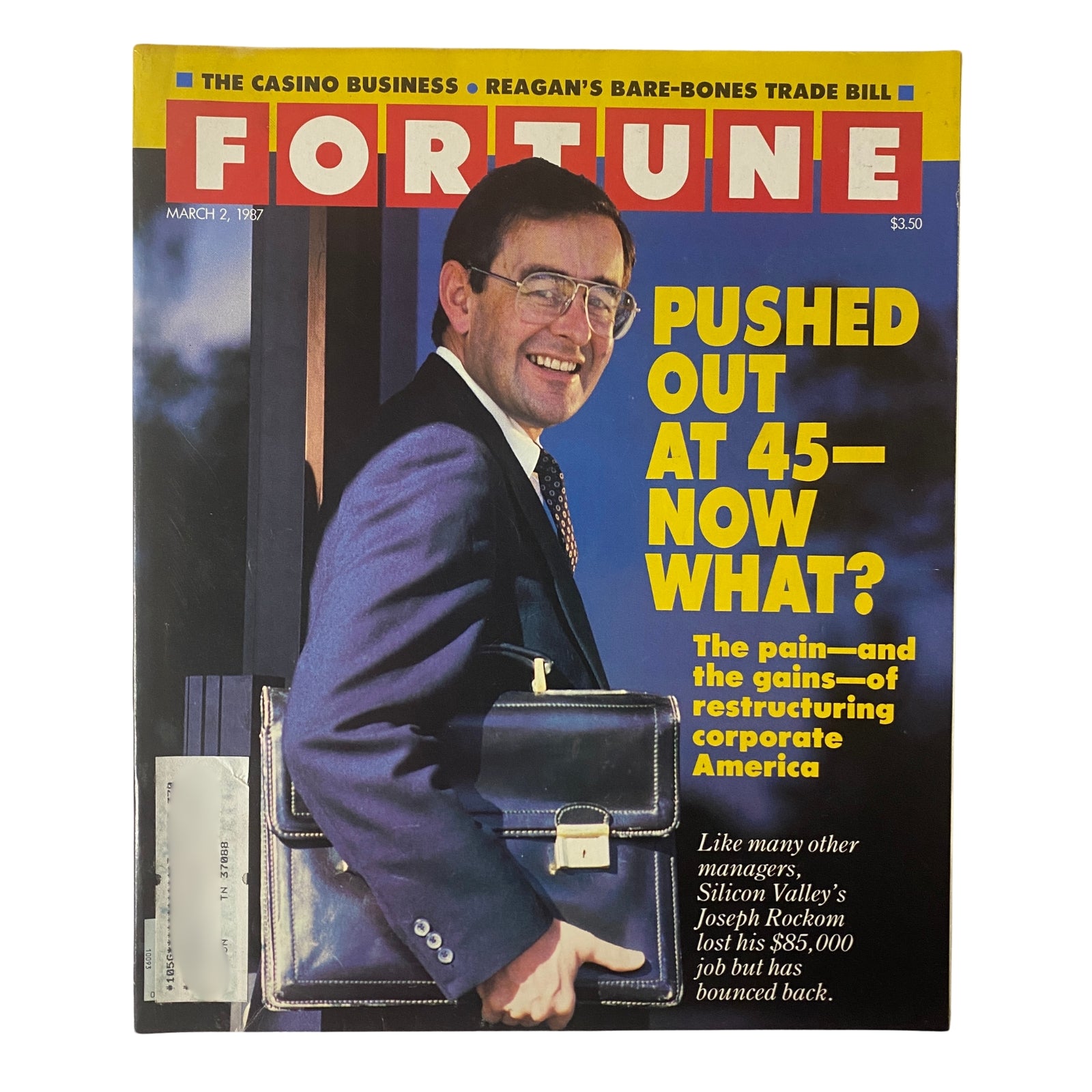 Fortune Magazine cover from March 2, 1987 featuring the article 'Pushed Out at 45—Now What?' with an image of Joseph Rockom, highlighting corporate restructuring themes.