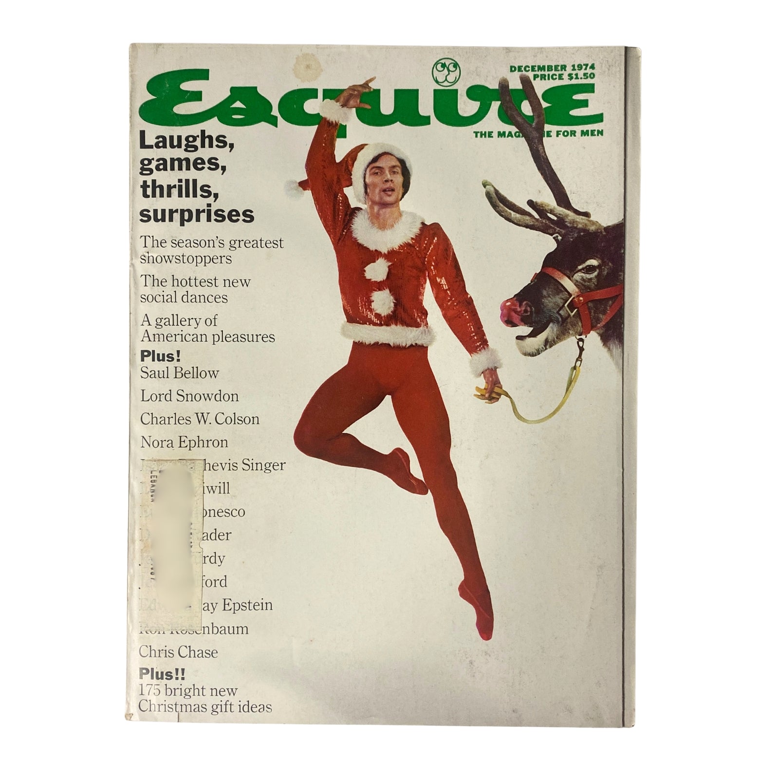 Esquire Magazine December 1974 cover featuring Rudolf Nureyev in a festive outfit with a reindeer, showcasing humor and cultural themes.