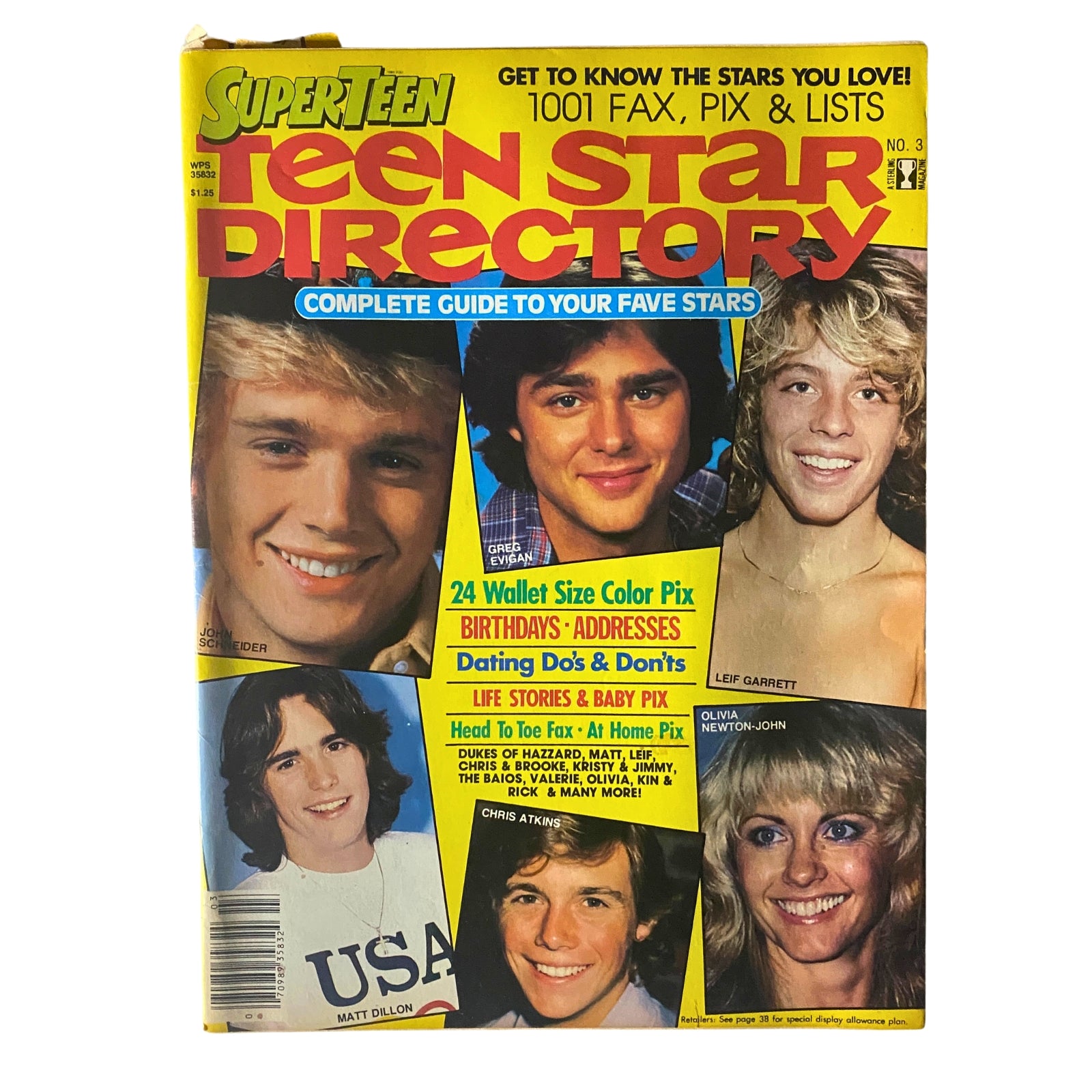 Cover of SuperTeen Teen Star Directory No. 3 featuring John Schneider, Greg Evigan, Leif Garrett, and Olivia Newton-John. Includes highlights such as 24 wallet size color pictures and celebrity insights.