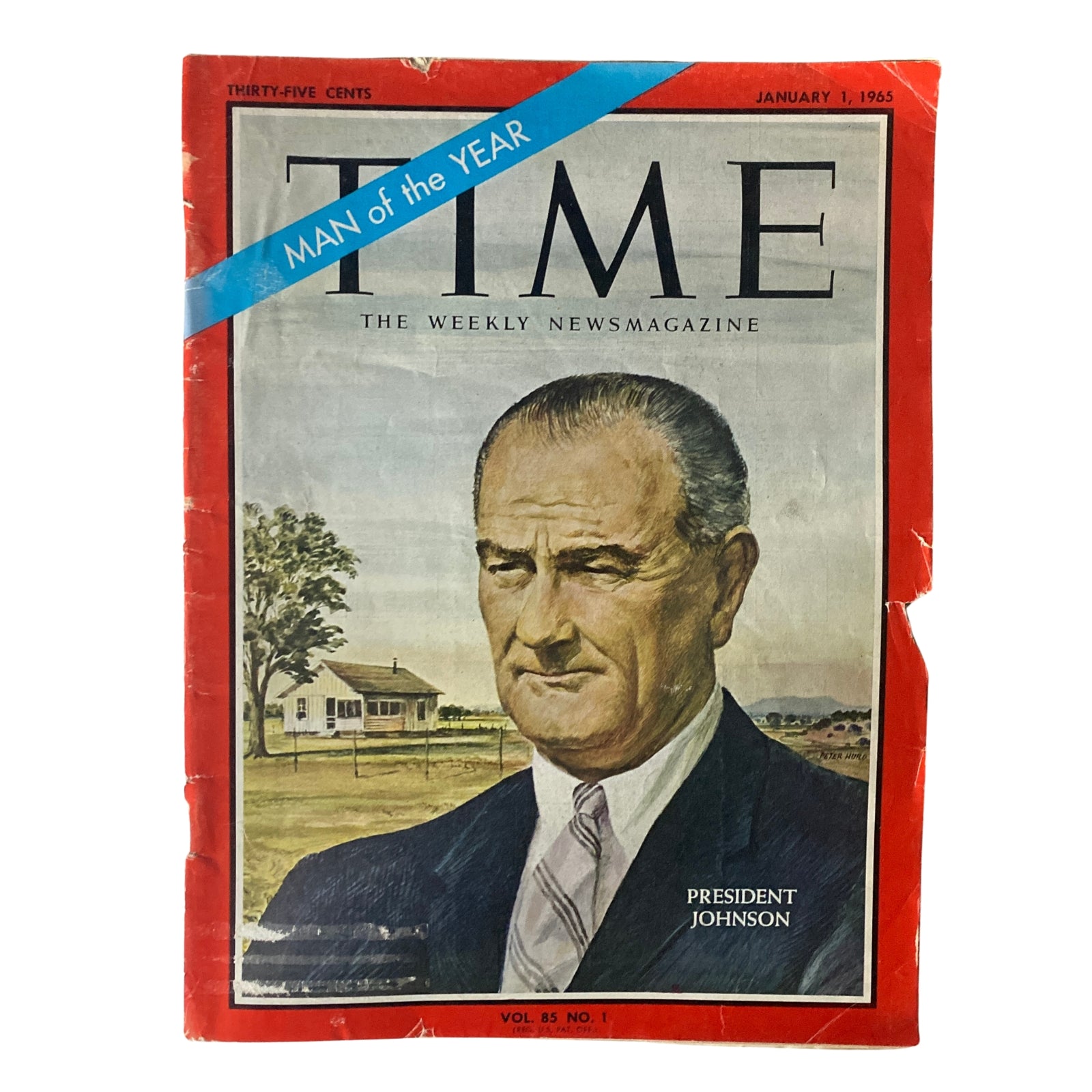 Cover of Time Magazine January 1, 1965 Vol 85 No. 1 featuring President Lyndon B. Johnson with a portrait and the text 'MAN of the YEAR.' This vintage magazine captures a significant moment in American political history.
