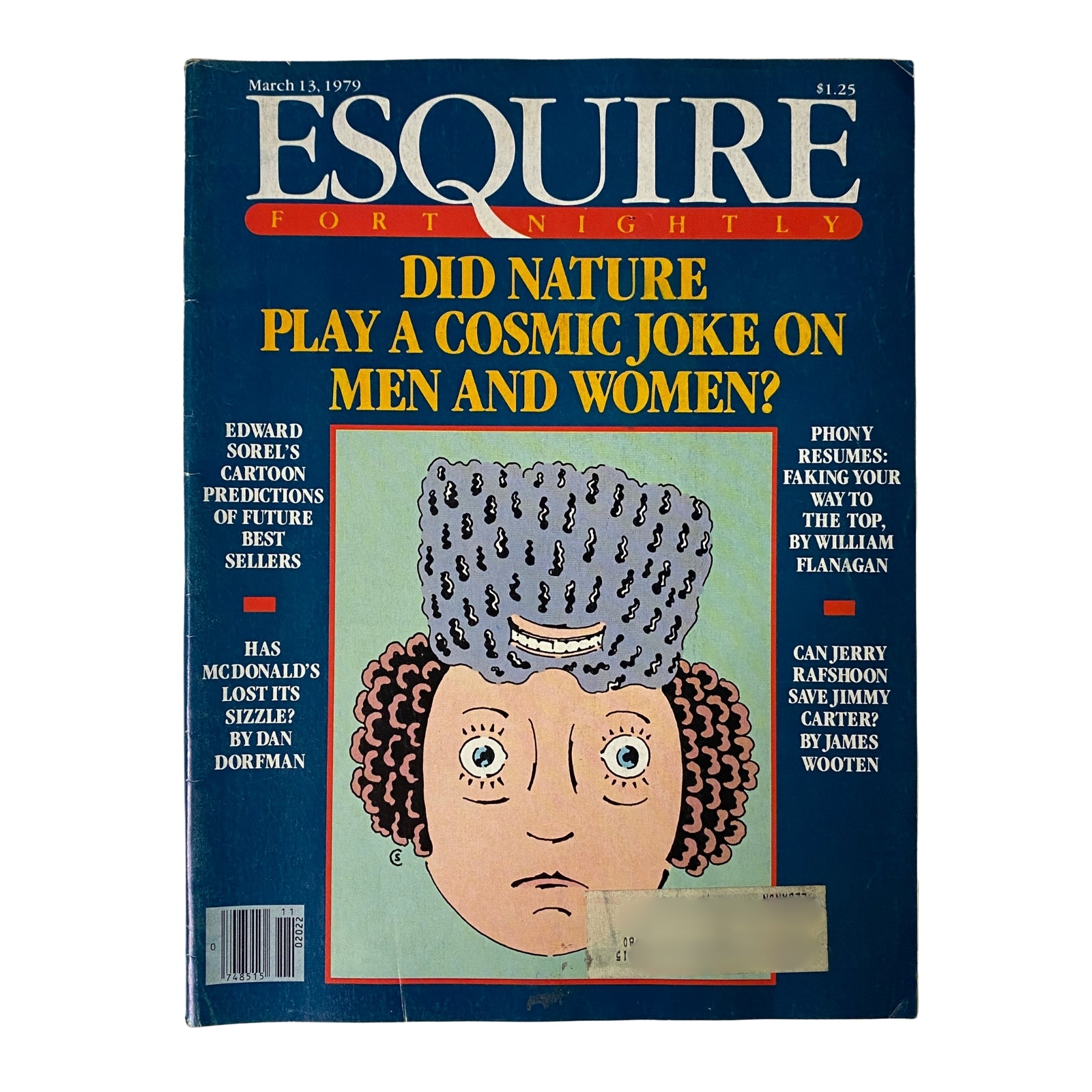 Cover of Esquire Magazine March 13, 1979 featuring the thought-provoking title 'Did Nature Play a Cosmic Joke on Men and Women?' with colorful artwork and prominent headlines.