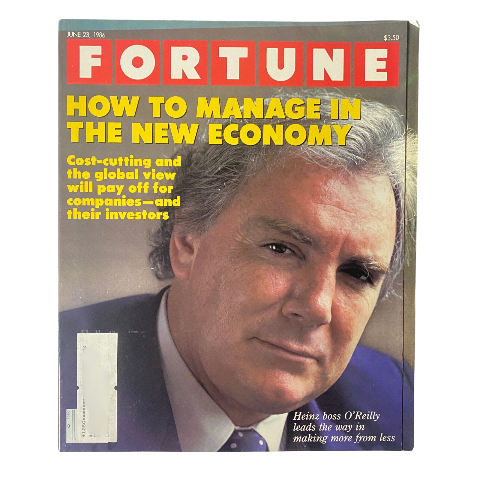 Fortune Magazine June 23, 1986 cover featuring the headline 'How to Manage in the New Economy'. The cover includes a photograph of Heinz boss O'Reilly, emphasizing cost-cutting strategies for companies and investors.