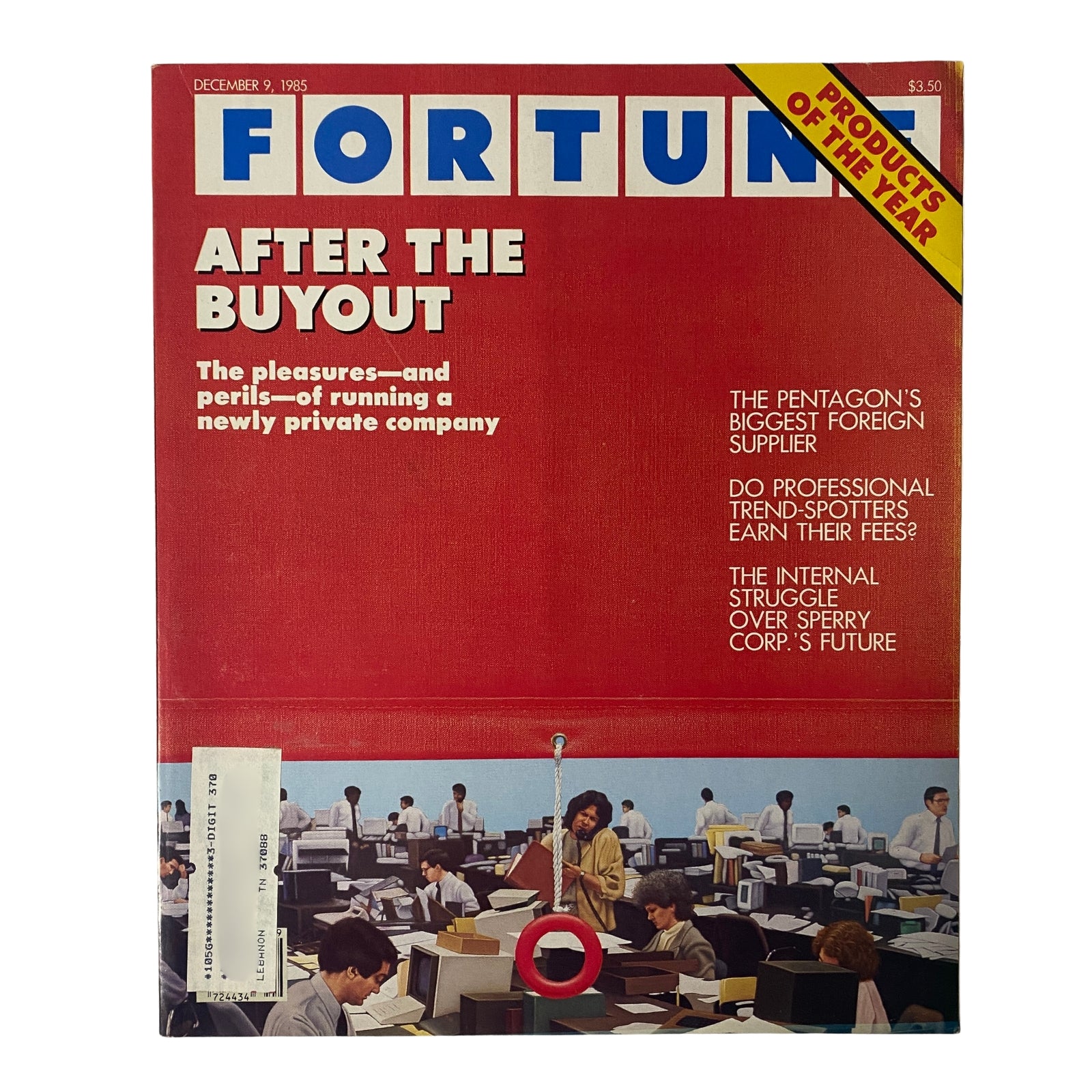Fortune Magazine cover from December 9, 1985, featuring the title 'After the Buyout: The pleasures—and perils—of running a newly private company.' The bold red cover displays various headlines about economic insights, including articles related to corporate strategy and the Pentagon's largest foreign supplier.