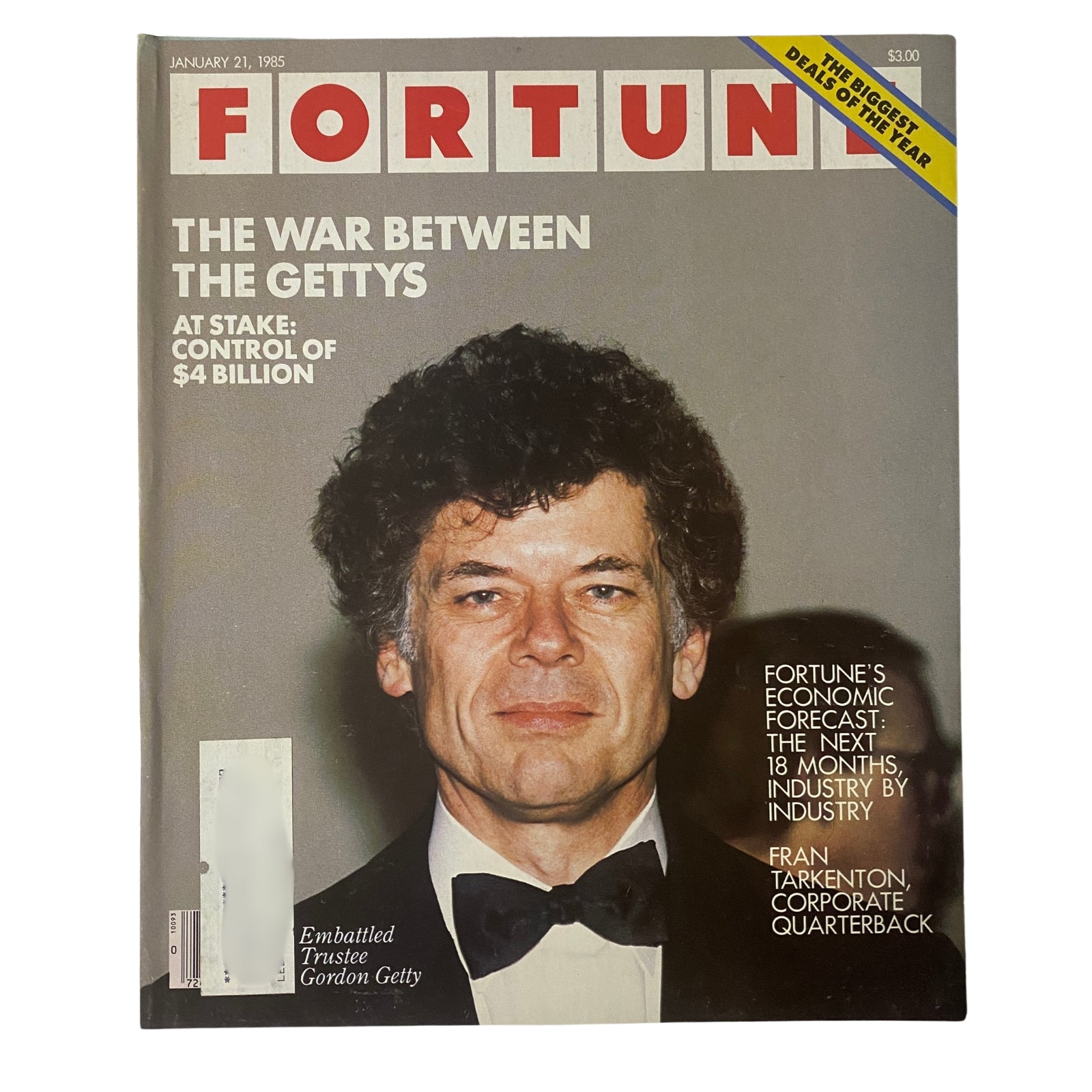 Fortune Magazine January 21, 1985 cover featuring the headline 'The War Between the Gettys' and a portrait of embattled trustee Gordon Getty. Highlighting significant business topics and Fortune's economic forecast.
