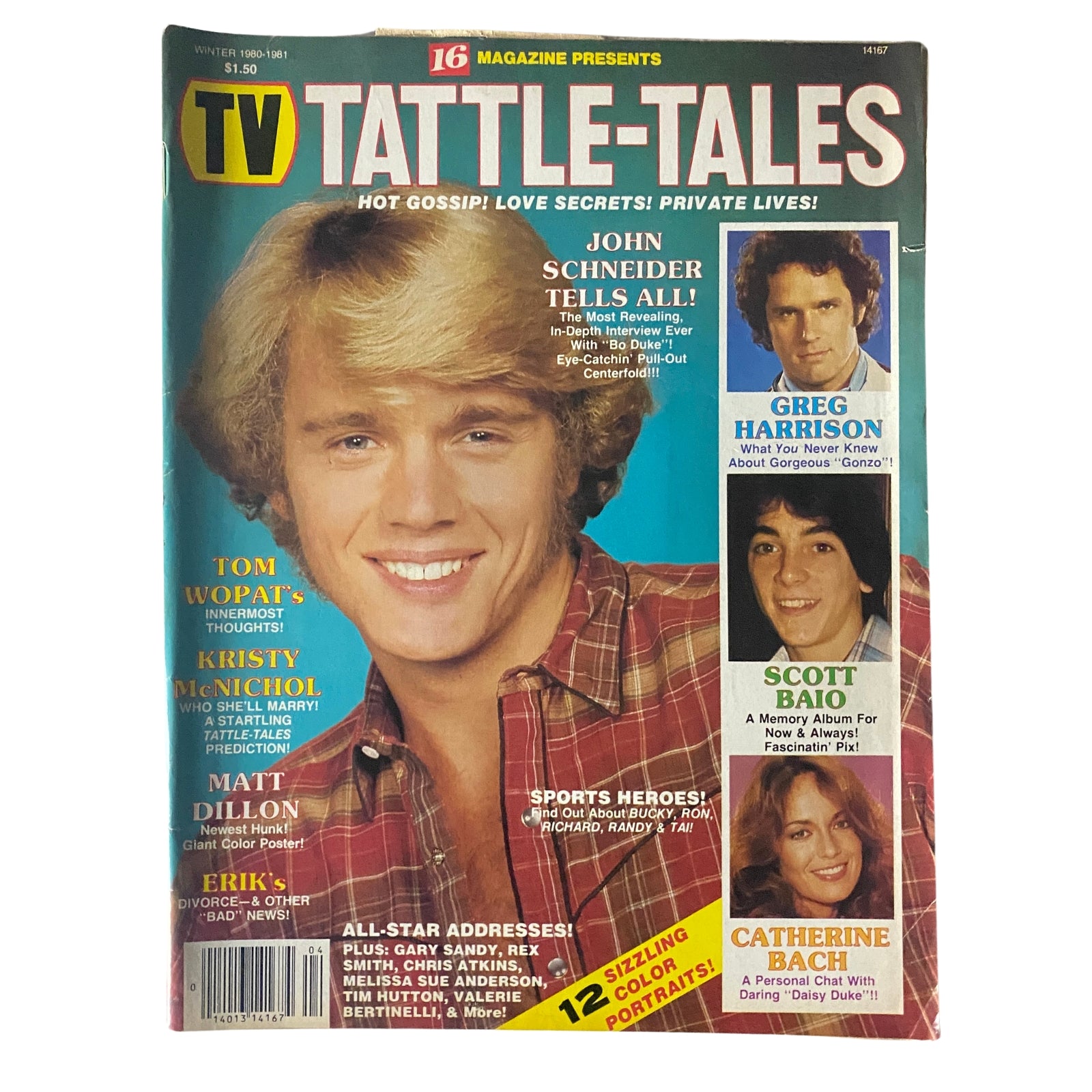 Cover image of the 16 Magazine TV Tattle-Tales Winter 1980-1981 edition featuring John Schneider and Tom Wopat with headlines about celebrity interviews and features.