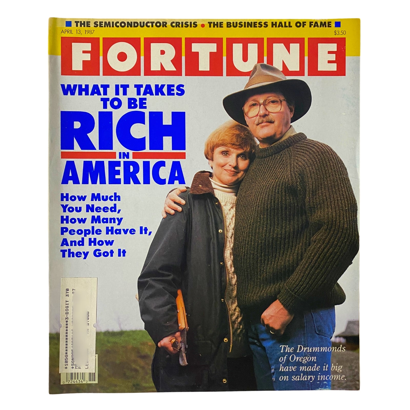 Cover of Fortune Magazine April 13, 1987 featuring the title 'What It Takes to Be Rich in America', showcasing a couple in front of a scenic backdrop, with the tagline 'The Drummonds of Oregon have made it big on salary income'.