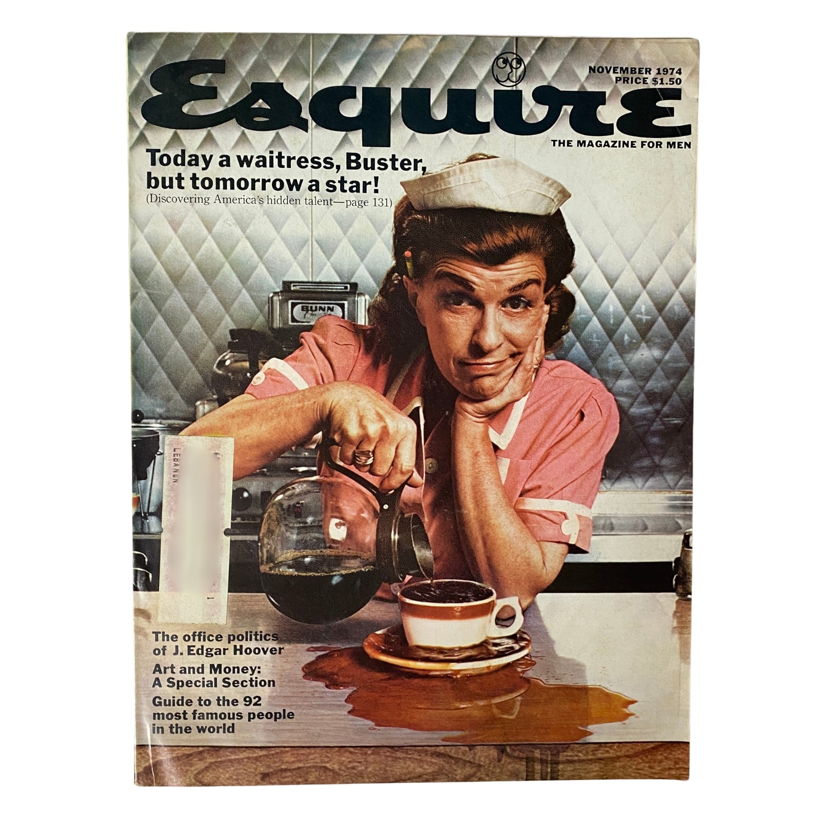 Esquire Magazine November 1974 cover featuring a waitress pouring coffee, with the title 'Today a waitress, Buster, but tomorrow a star!' showcasing vintage style and cultural insights from the 1970s.