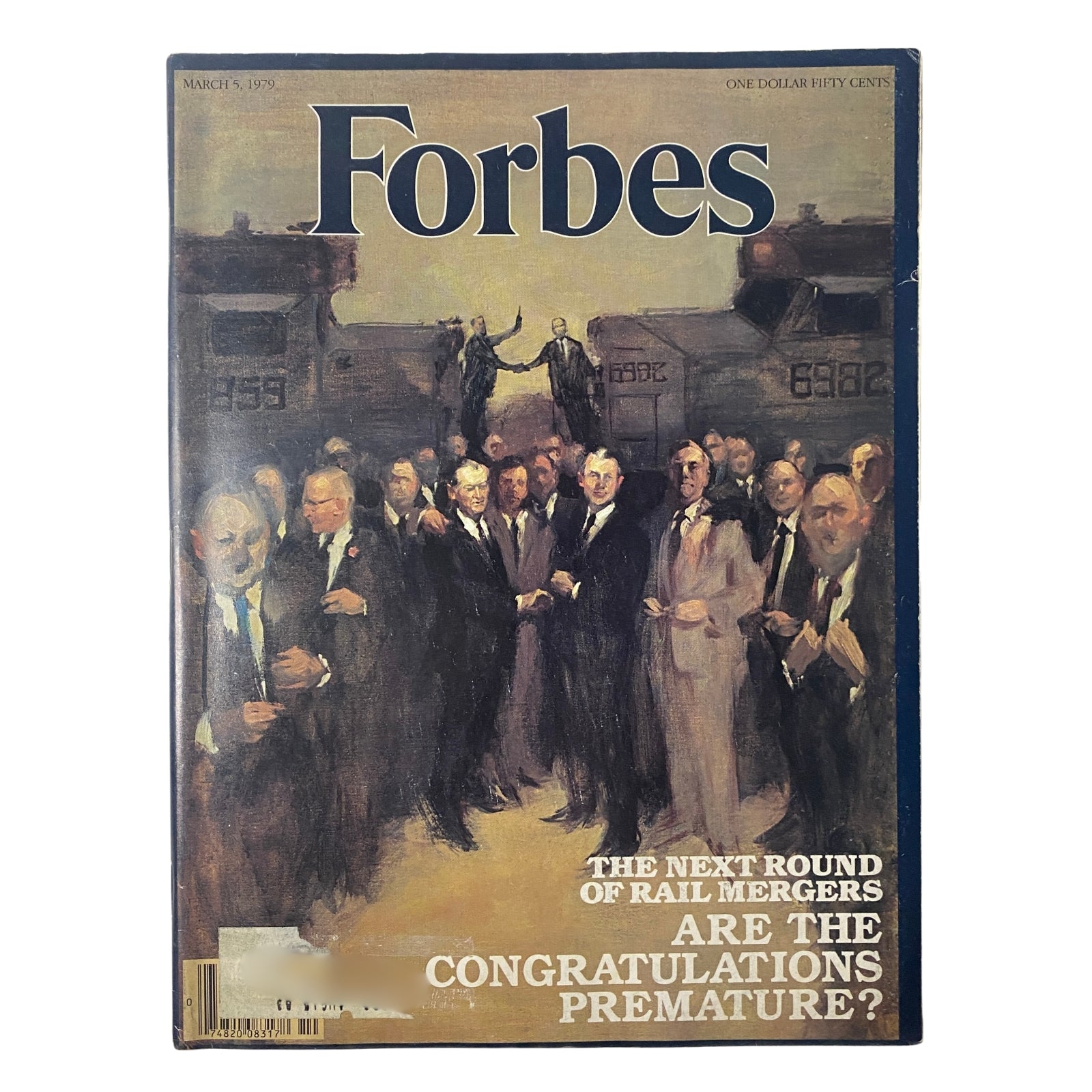 Cover of Forbes Magazine dated March 5, 1979, featuring the cover story 'The Next Round of Rail Mergers' with a depiction of business figures celebrating mergers in front of railroad cars.