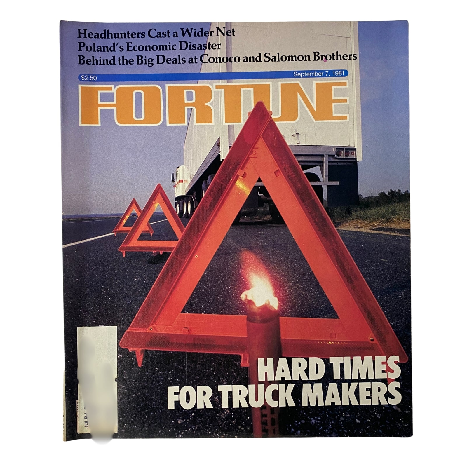 Front cover of Fortune Magazine, September 7, 1981, featuring the headline 'Hard Times for Truck Makers' with a striking visual of red warning triangles on a highway, symbolizing challenges in the trucking industry.