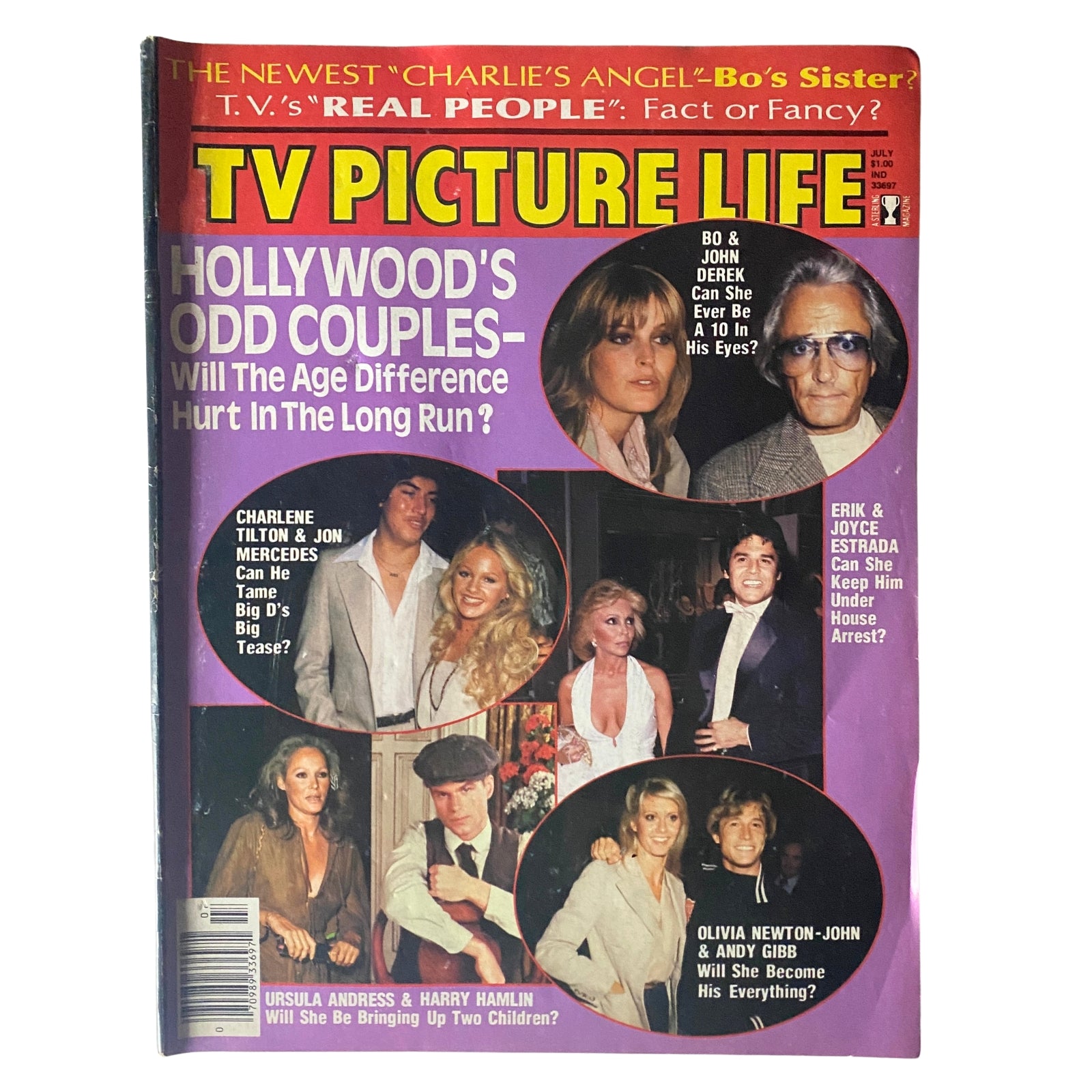 TV Picture Life Magazine July issue featuring Bo Derek and John Derek on the cover, highlighting Hollywood's odd couples and celebrity relationships from the 1980s.