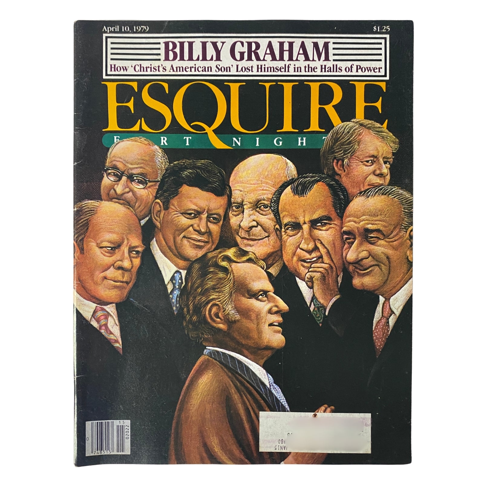 Cover of Esquire Magazine April 10, 1979 featuring Billy Graham and various U.S. Presidents, highlighting the theme 'How Christ's American Son Lost Himself in the Halls of Power'.