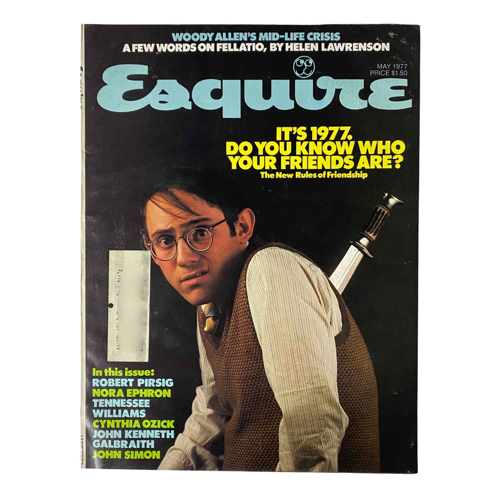 Cover of Esquire Magazine May 1977 featuring the title 'Esquire Magazine May 1977: An Illuminated History of a Model Friendship' and a prominent figure wearing glasses and a vest, reflecting the era's style.