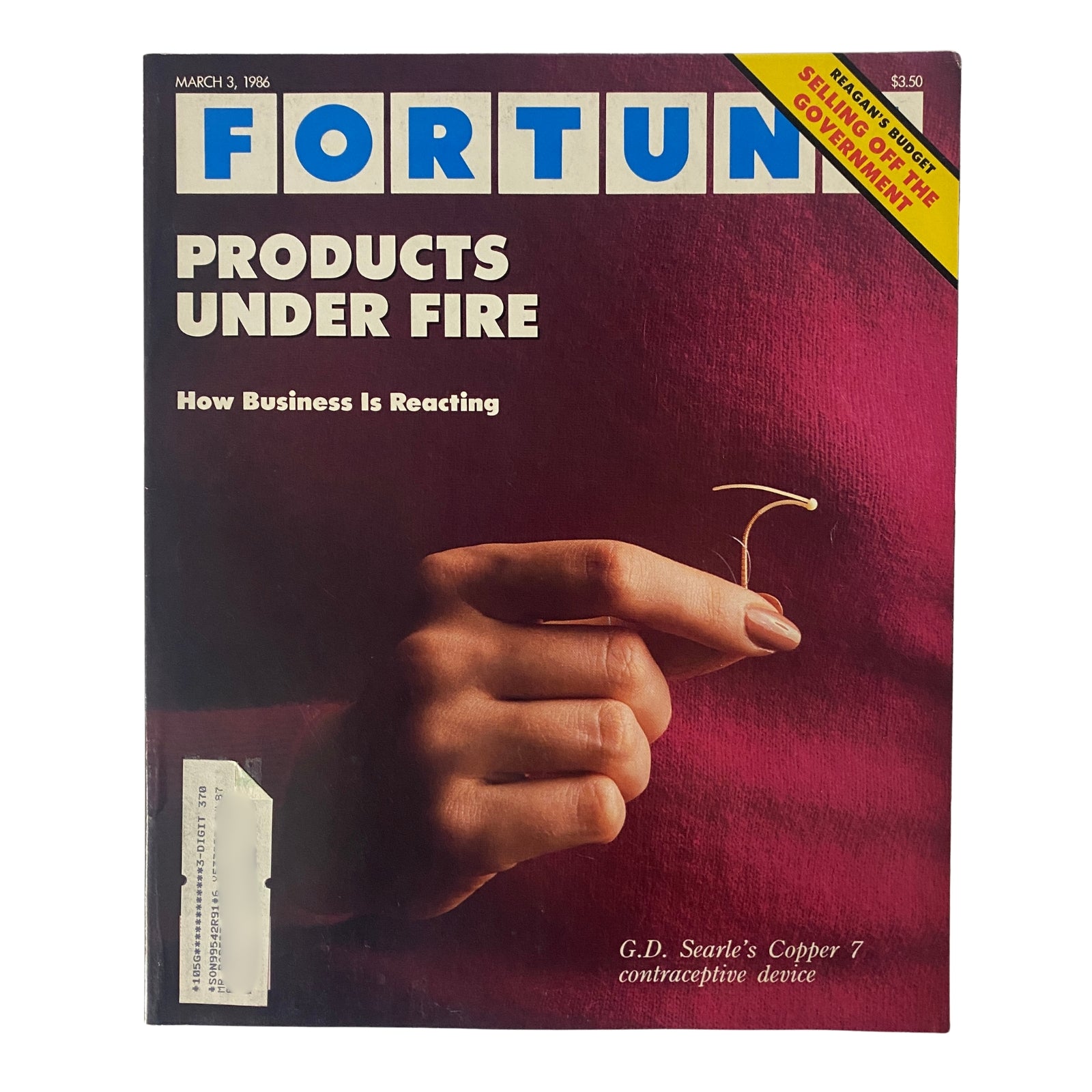 Cover of Fortune Magazine March 3, 1986 titled 'Products Under Fire' featuring G.D. Searle's Copper 7 contraceptive device.
