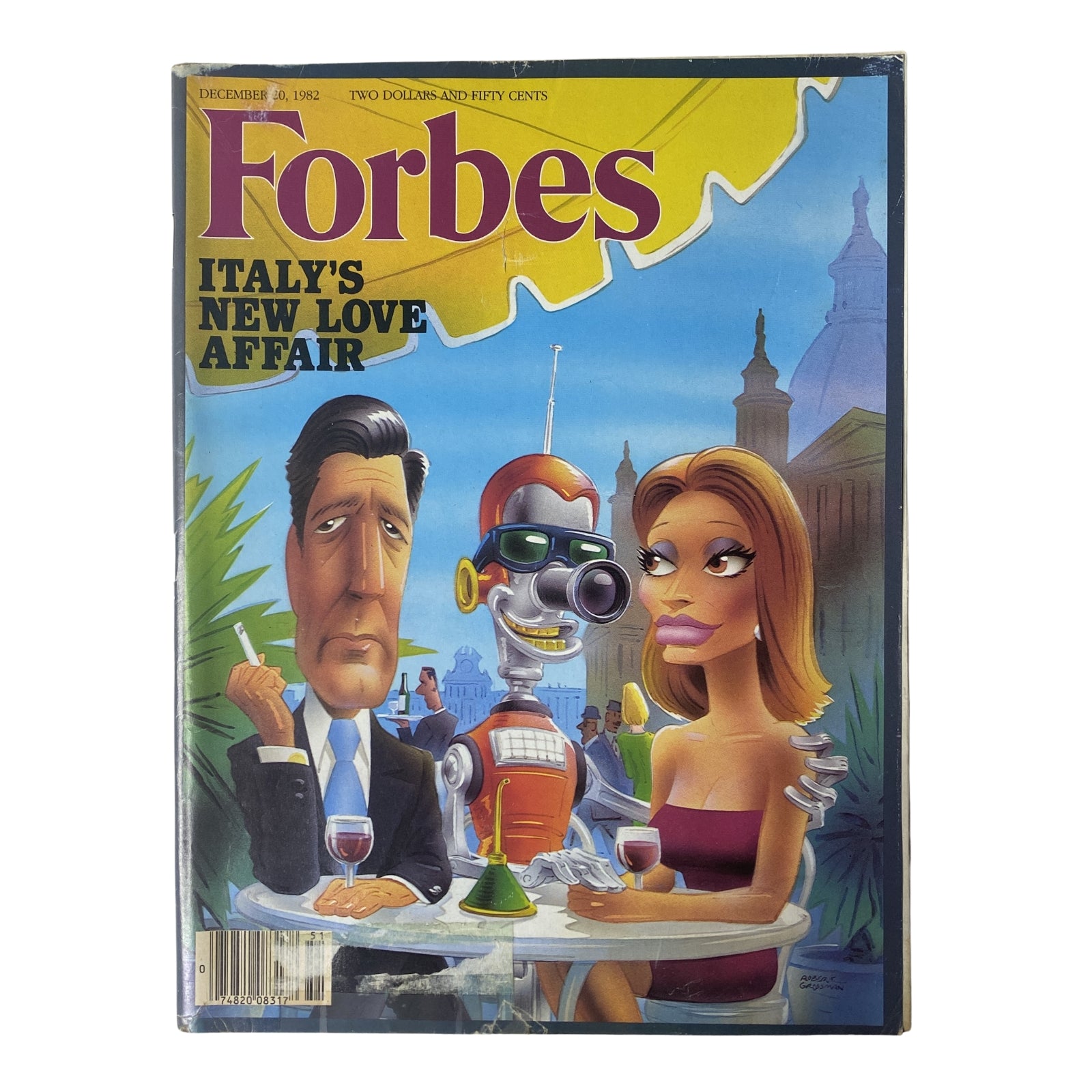 Forbes Magazine December 20, 1982 cover featuring the title 'Italy's New Love Affair' with a caricature of a businessman, a robotic figure, and a glamorous woman enjoying drinks.