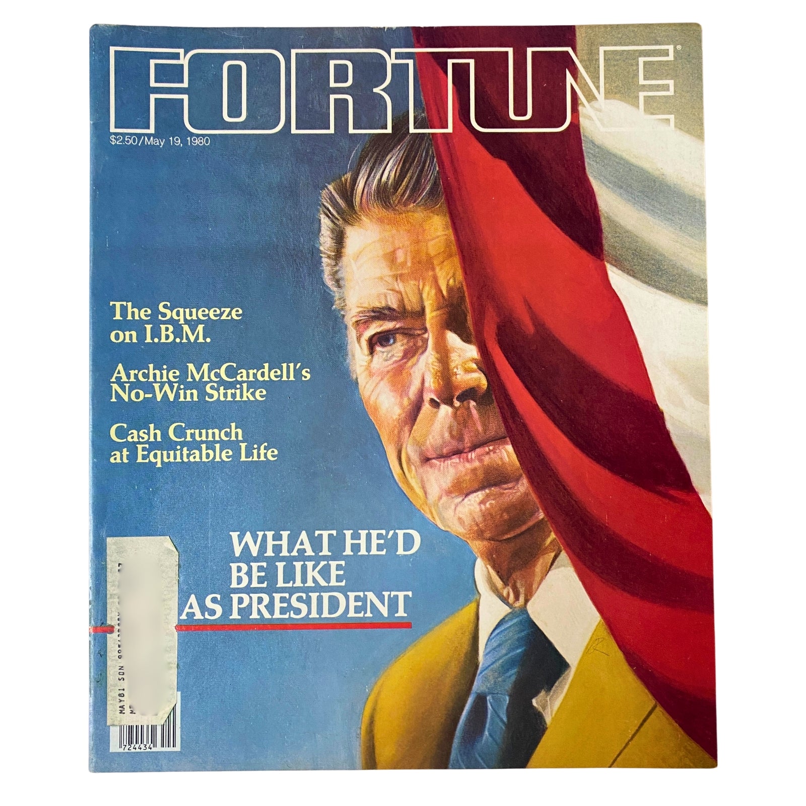 Cover of Fortune Magazine dated May 19, 1980, featuring a portrait of Ronald Reagan by Alan Reingold, along with text discussing business and economic insights during the 1980 U.S. presidential election.