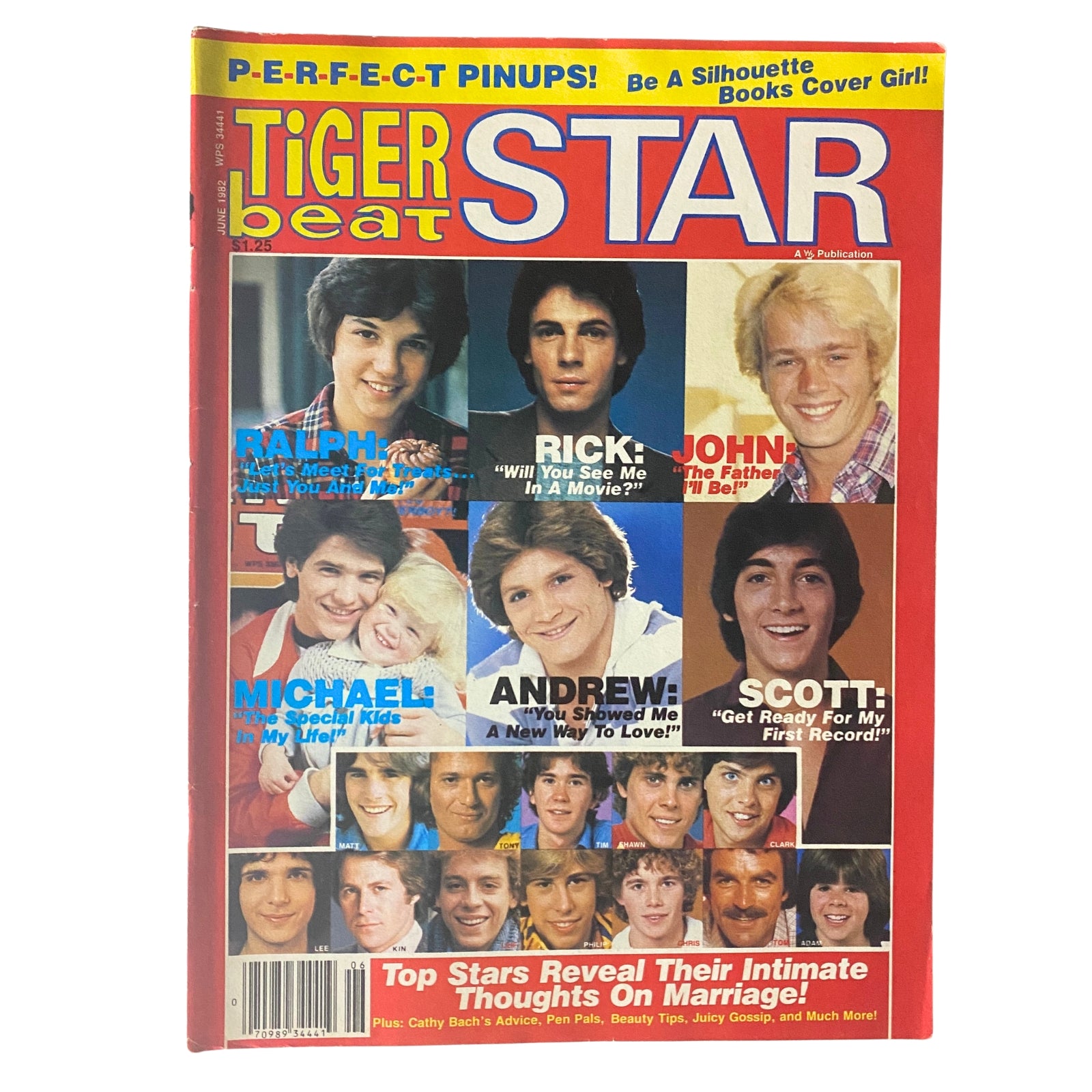 Tiger Beat Star Magazine June 1982 cover featuring Ralph Macchio, Scott Baio, and other famous teen idols with vibrant graphics.