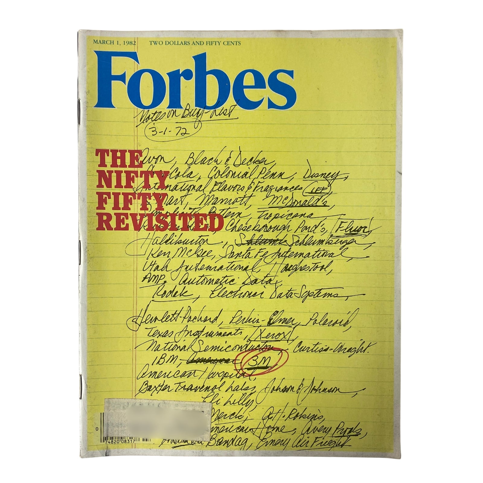 Forbes Magazine cover from March 1, 1982, titled 'The Nifty Fifty Revisited', highlighting significant companies and economic insights from the early 1980s.