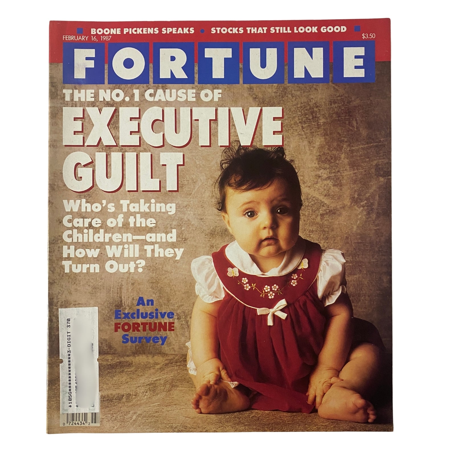 Cover of Fortune Magazine from February 16, 1987, featuring the title 'The No. 1 Cause of Executive Guilt' with a poignant image of a baby, highlighting issues of work-life balance and parenting for executives.
