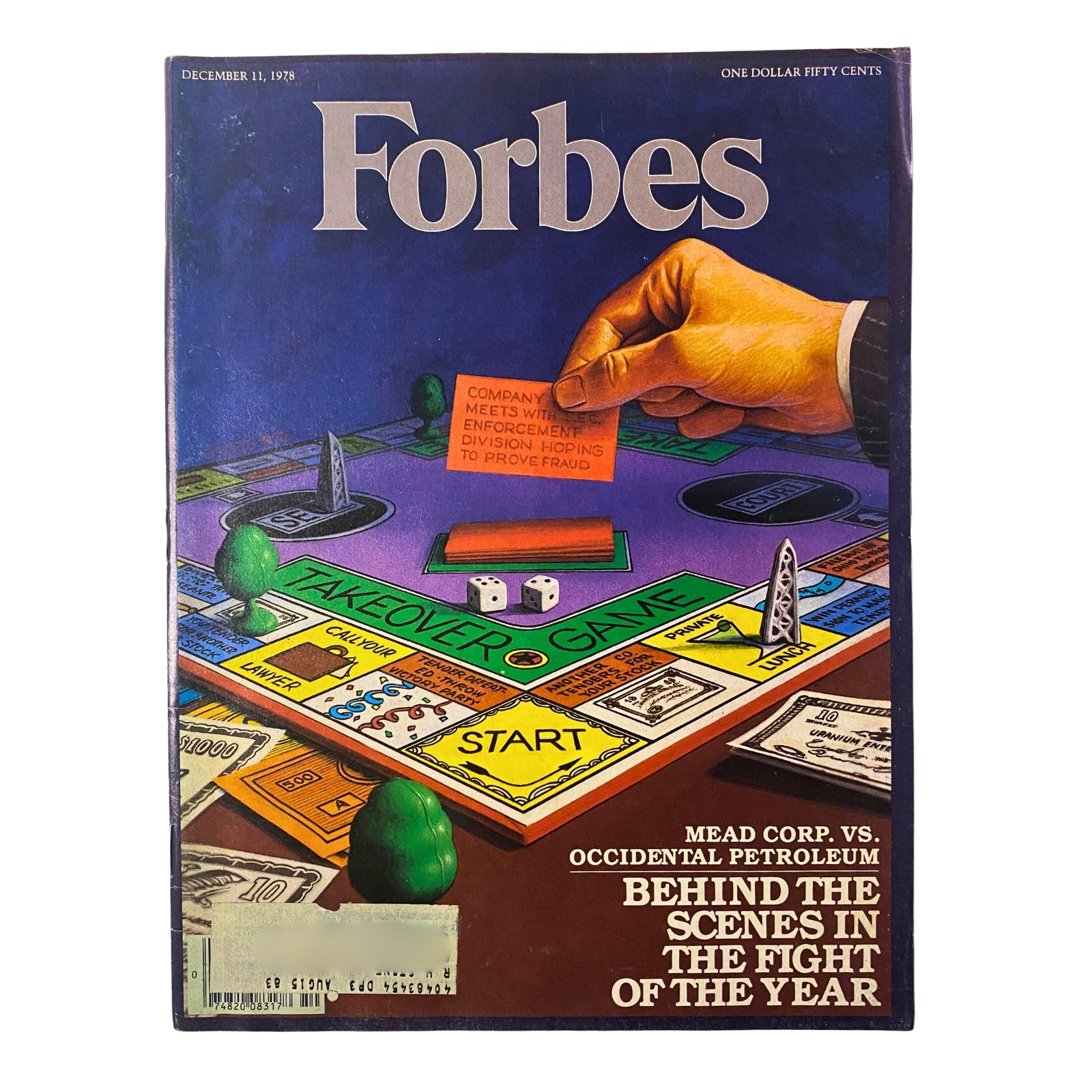 Cover of Forbes Magazine from December 11, 1978, featuring the headline 'Mead Corp. vs. Occidental Petroleum' and an illustration representing a takeover game, symbolizing corporate battles.