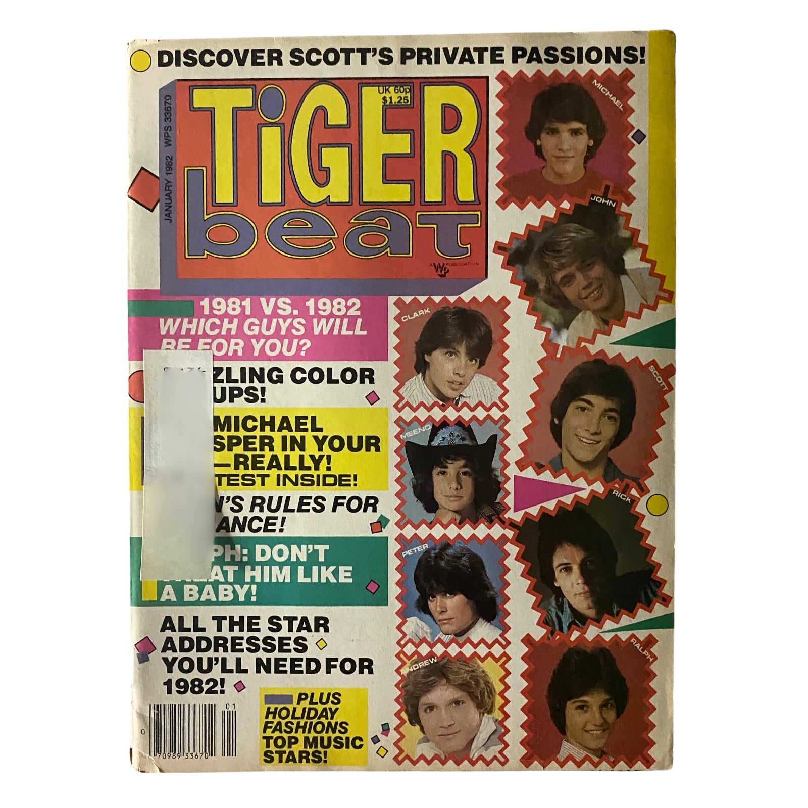 Cover of Tiger Beat Magazine January 1982 featuring teen idols Michael Damian and John Schneider. The magazine highlights exclusive interviews, vibrant pinups, and pop culture content, appealing to vintage magazine collectors and fans of 1980s entertainment.