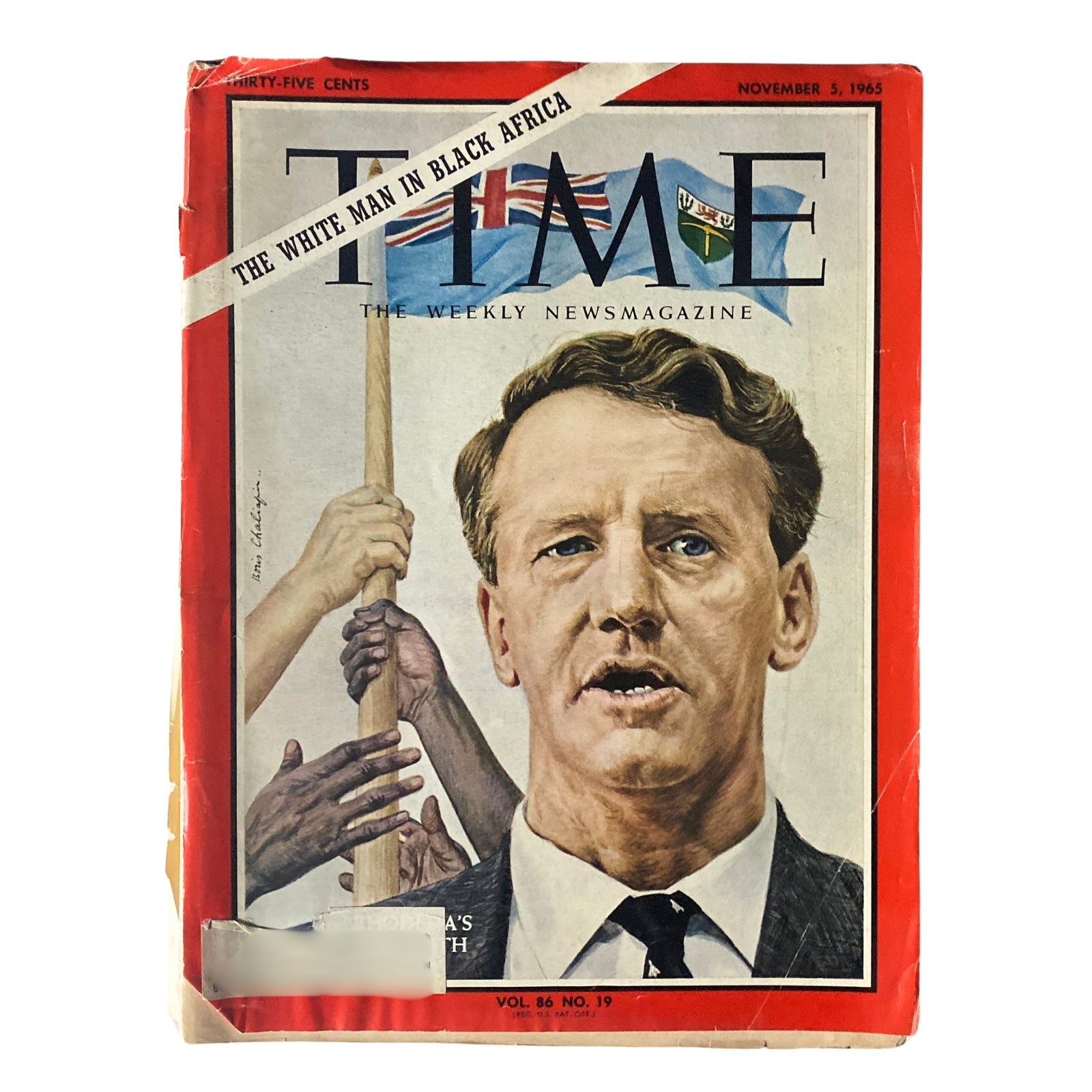 Cover of Time Magazine from November 5, 1965, featuring Ian Smith, Prime Minister of Rhodesia, amidst a backdrop of hands holding a stick and flags, highlighting the issue's focus on Rhodesia's Unilateral Declaration of Independence.