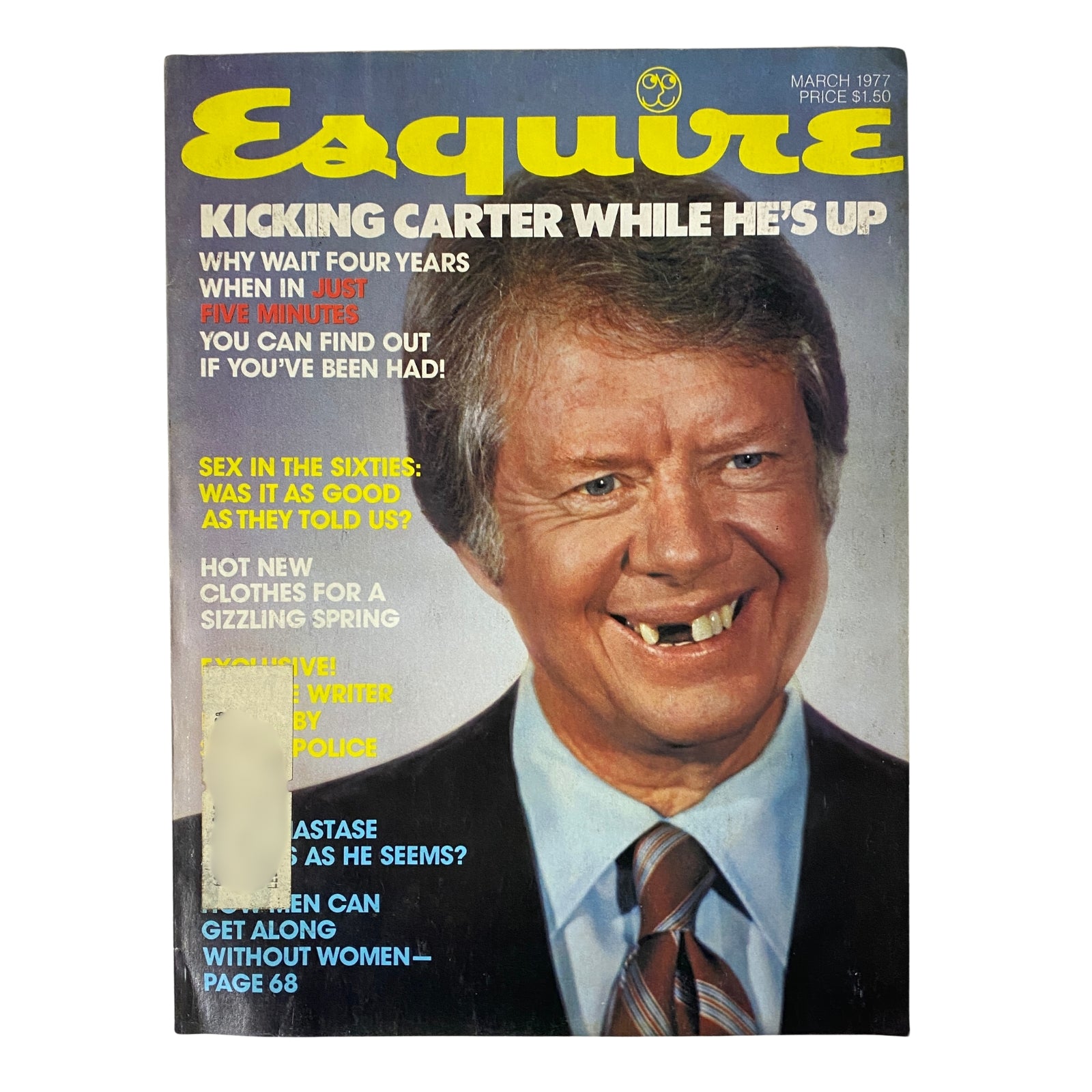 Cover of Esquire Magazine March 1977 featuring the headline 'Kicking Carter While He's Up'. The cover showcases a smiling man with a prominent front teeth gap, indicative of the magazine's political satire and cultural commentary from the era.