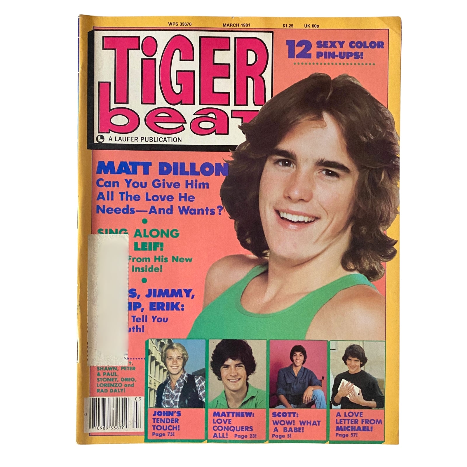 Tiger Beat Magazine March 1981 featuring Matt Dillon on the cover with a pull-out poster. The vibrant layout showcases the iconic celebrity culture of the 80s and includes various promotional graphics.