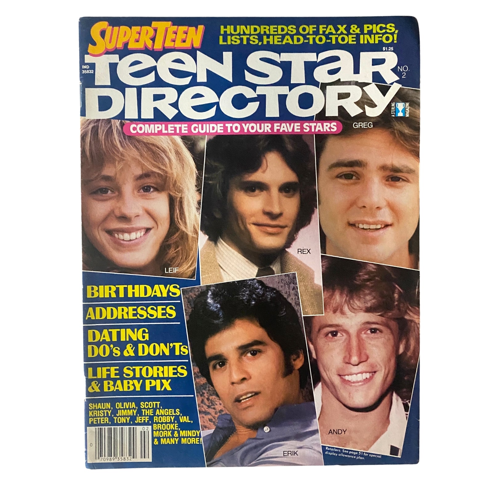 SuperTeen Teen Star Directory Issue No. 2 featuring Leif Garrett, Rex Smith, Erik Estrada, and Andy, showcasing popular teen idols from the 1970s and 1980s with colorful images and magazine cover details.