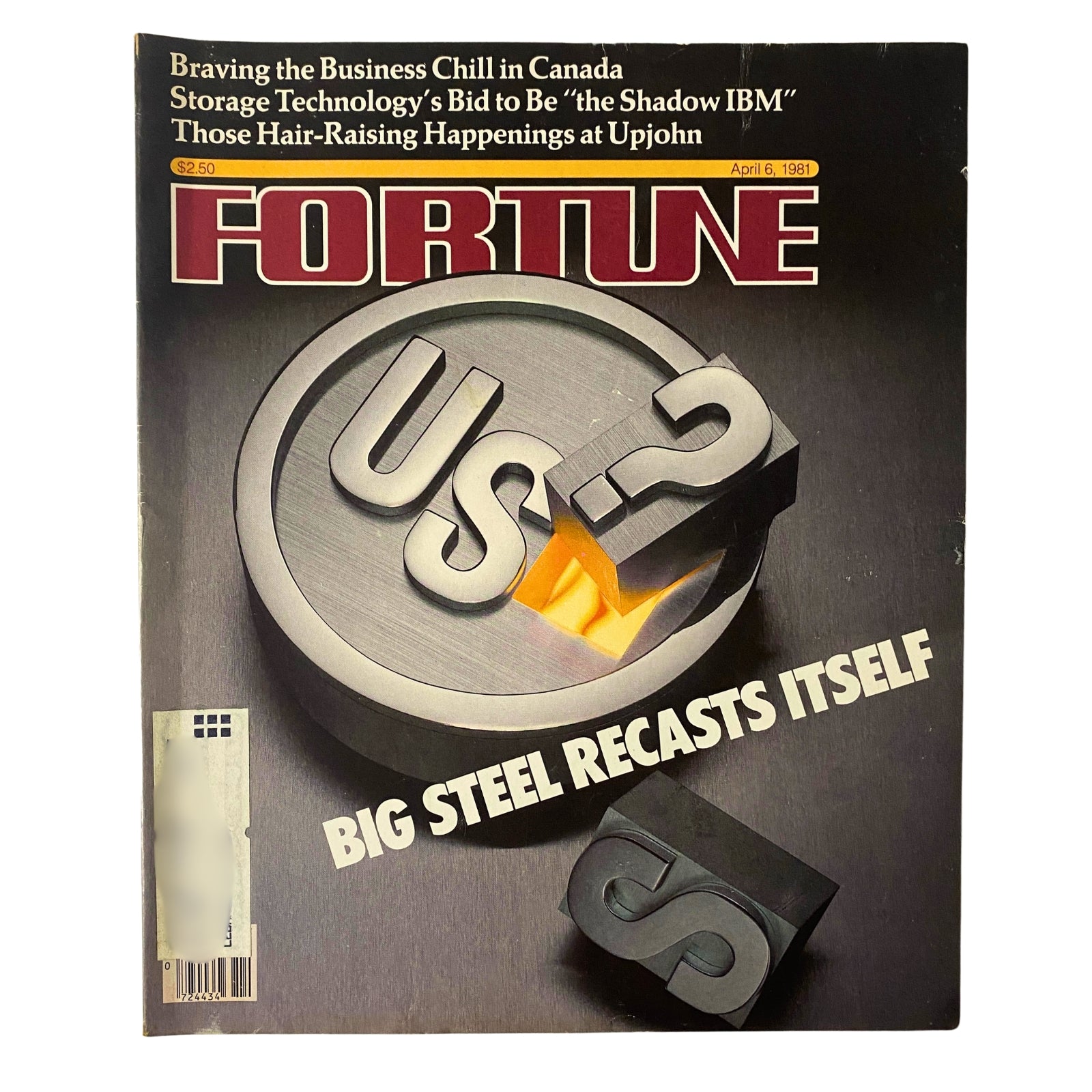 Cover of Fortune Magazine, April 6, 1981, featuring the title 'Big Steel Recasts Itself', highlighting the transformation in the steel industry. The cover showcases a bold graphic of a dollar sign alongside industrial elements, emphasizing economic themes relevant to the early 1980s.