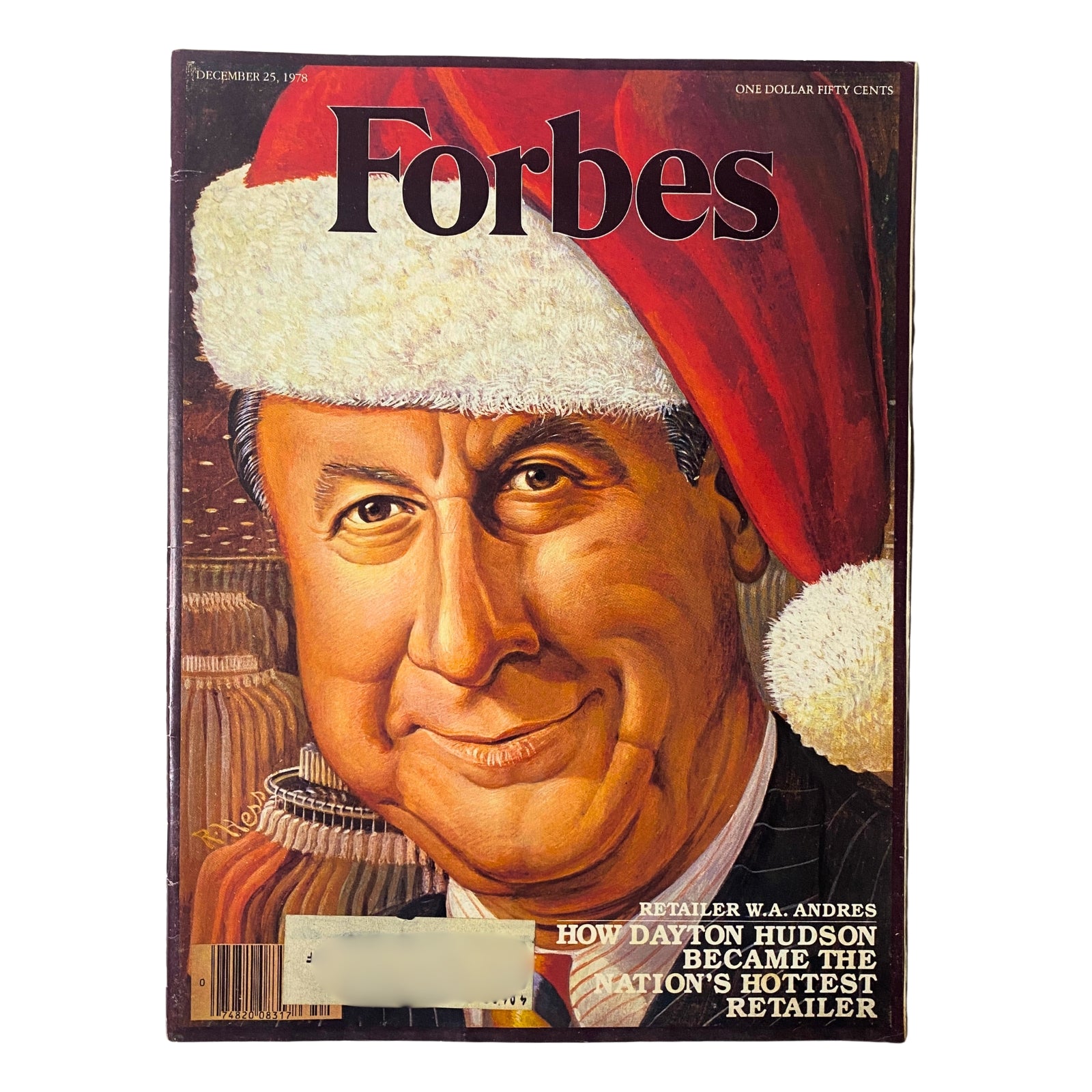 Cover of Forbes Magazine dated December 25, 1978 featuring a festive portrait of W.A. Andres, the retailer, wearing a Santa hat, with the headline 'How Dayton Hudson Became the Nation's Hottest Retailer'.