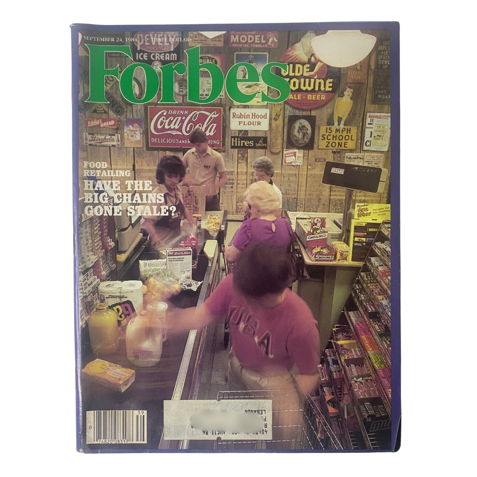 Forbes Magazine cover from September 24, 1984, featuring the title 'Food Retailing: Have the Big Chains Gone Stale?' with an illustration of people shopping at a grocery store.