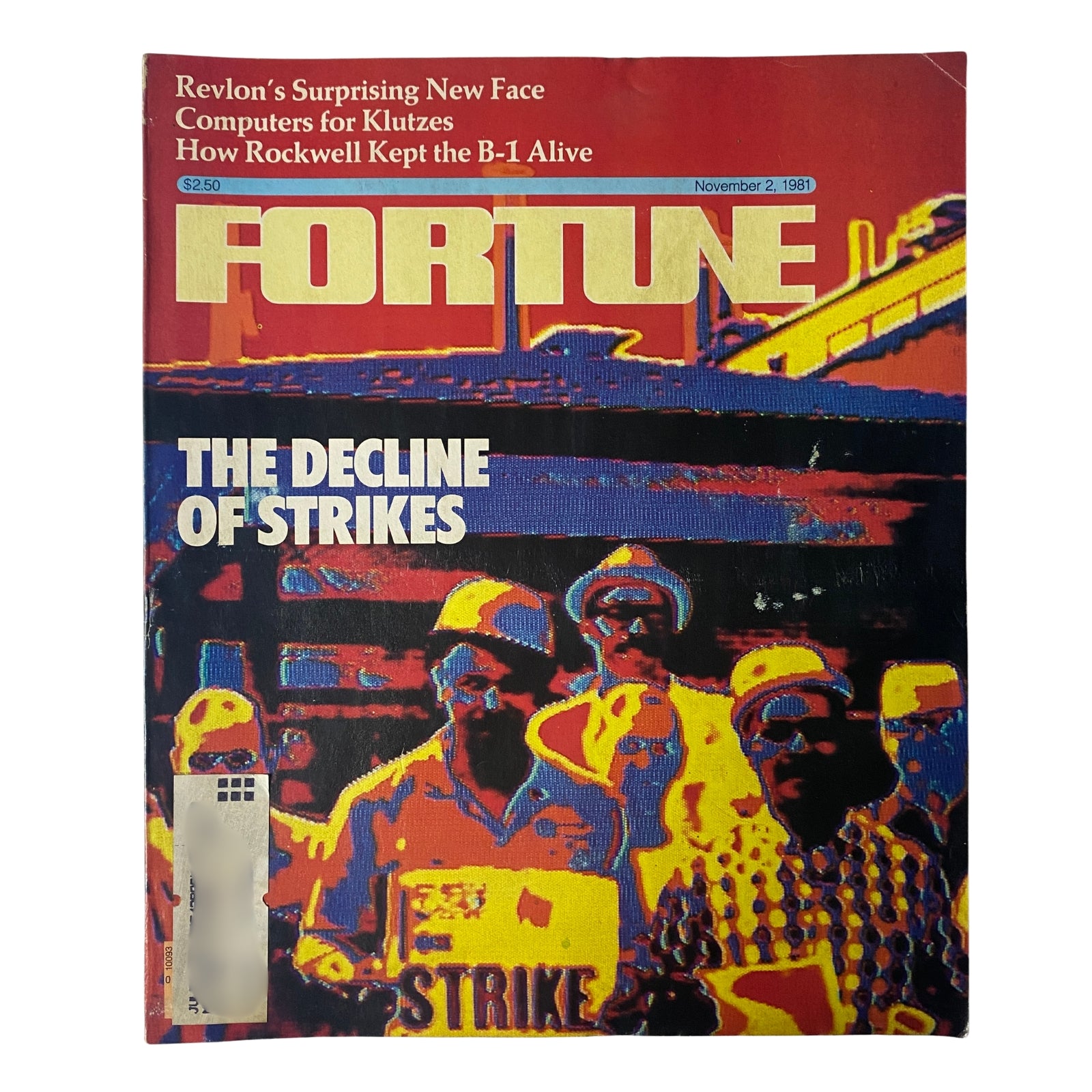 Cover of Fortune Magazine from November 2, 1981, featuring the headline 'The Decline of Strikes.' The cover showcases a colorful image related to labor strikes, highlighting the theme of the issue.