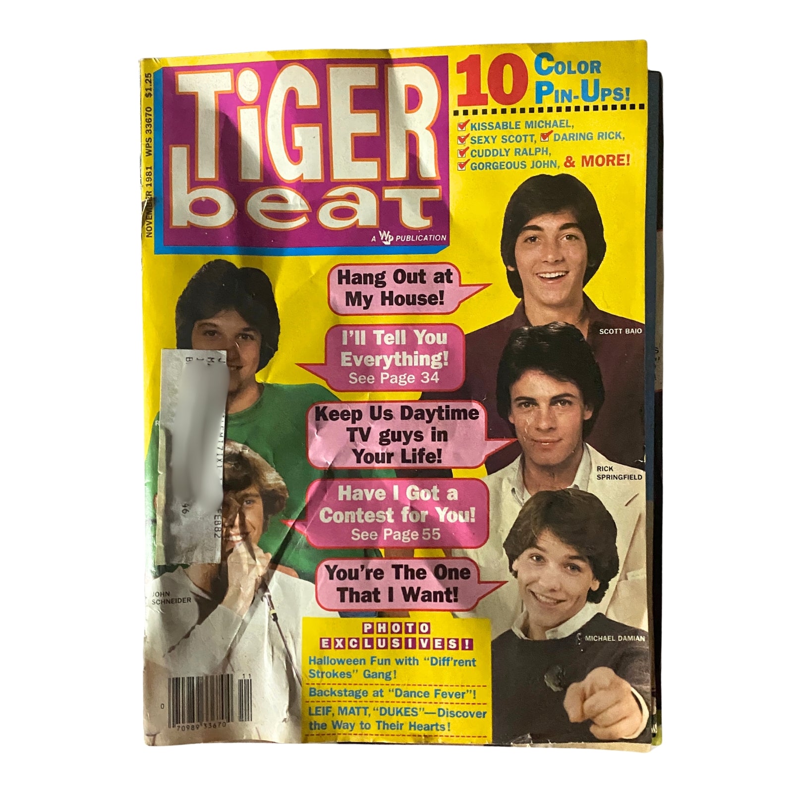 Tiger Beat Magazine November 1981 cover featuring Scott Baio, Rick Springfield, and Michael Damian with bold titles and colorful design.