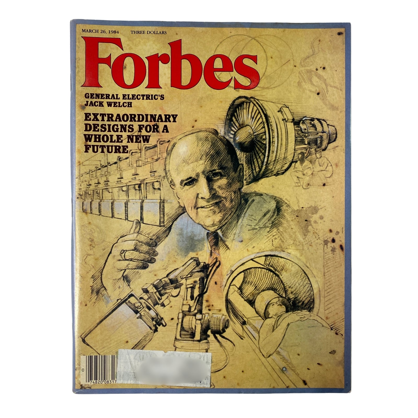 Forbes Magazine cover dated March 26, 1984, featuring General Electric's Jack Welch, showcasing an artistic illustration of Welch with industrial designs, representing the corporate innovations of the era.