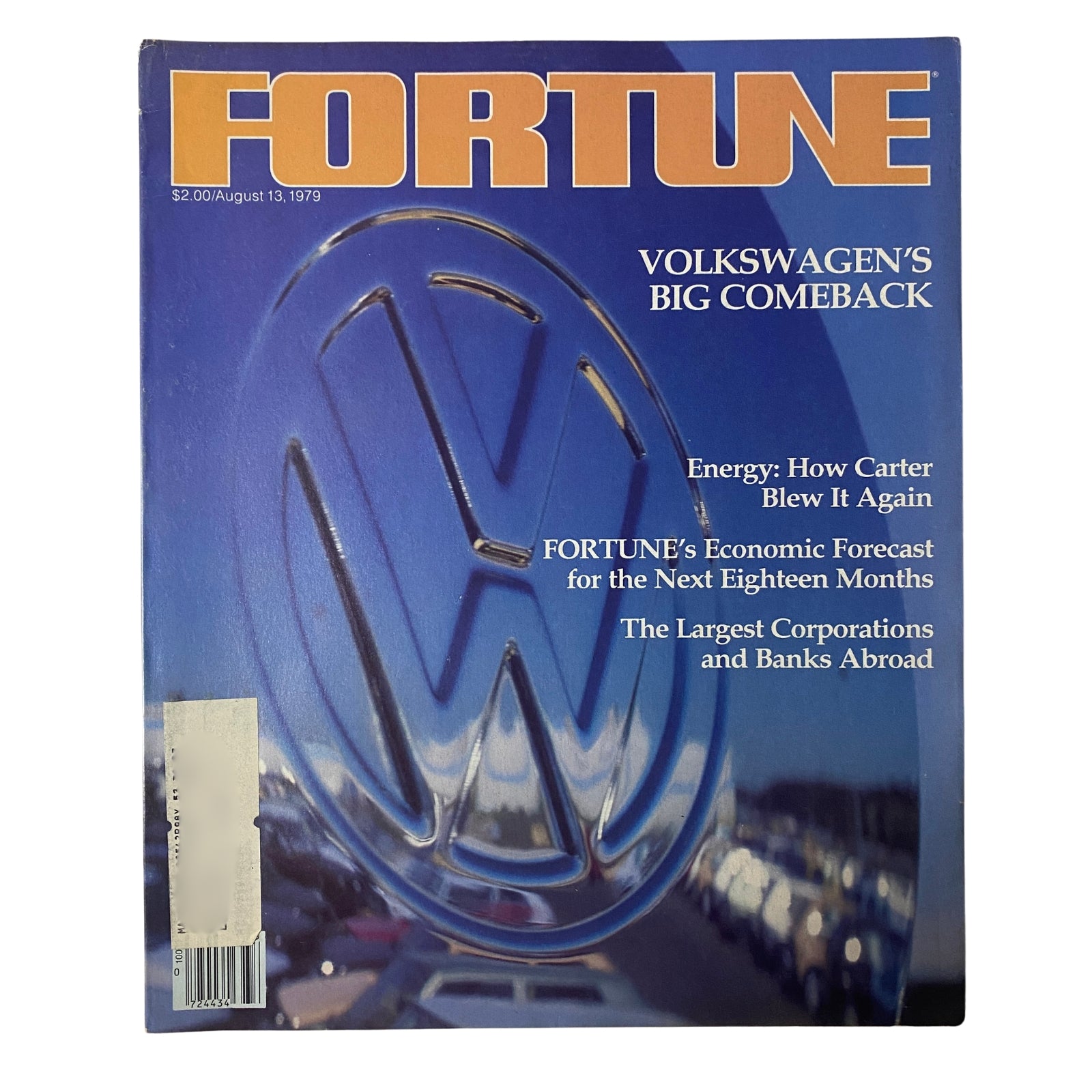 Cover of Fortune Magazine dated August 13, 1979 featuring a Volkswagen emblem with the title 'Volkswagen's Big Comeback' and highlights on energy, economic forecasts, and corporations.