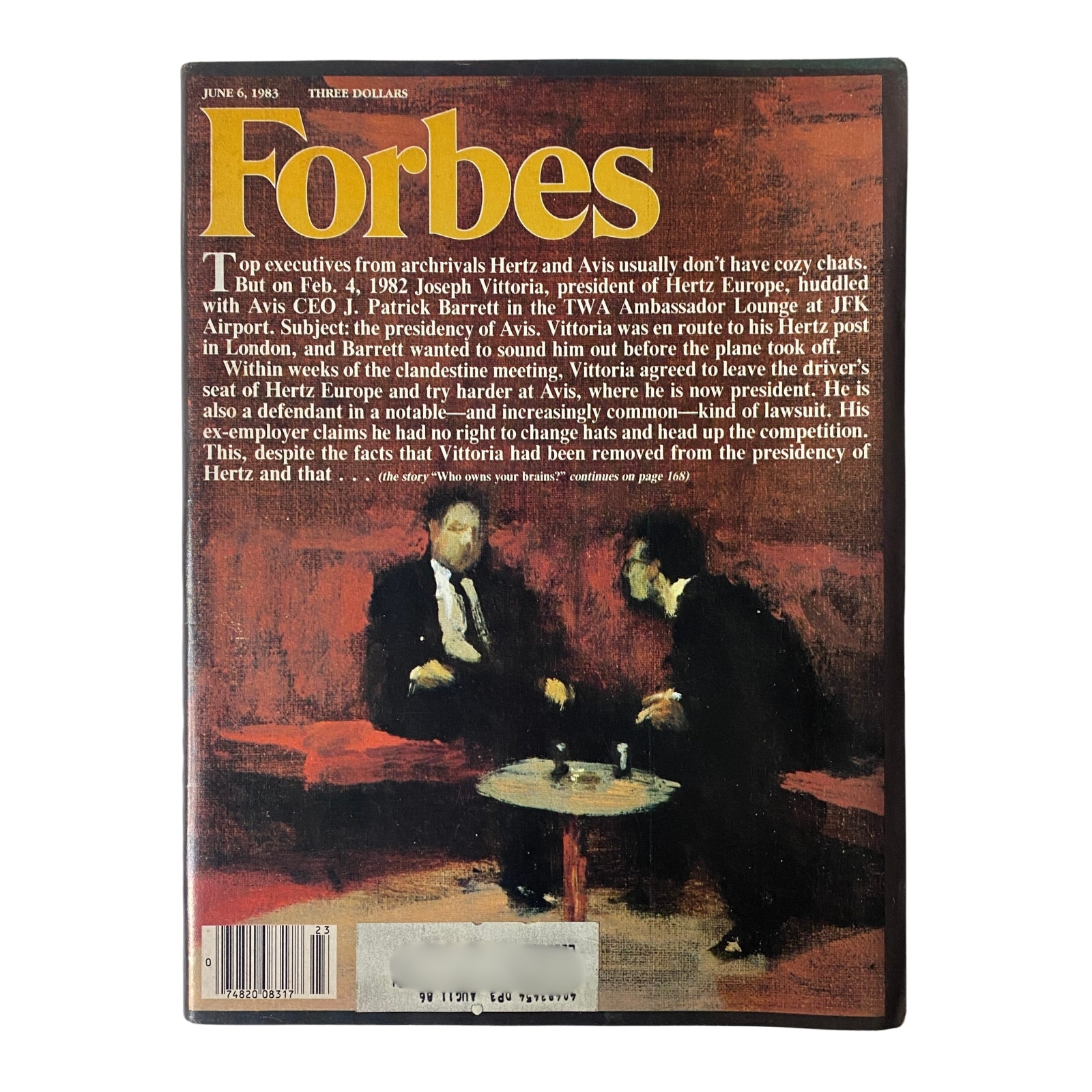 Forbes Magazine June 6, 1983 cover featuring Avis CEO J. Patrick Barrett and Hertz President Joseph Vittoria discussing corporate strategies.