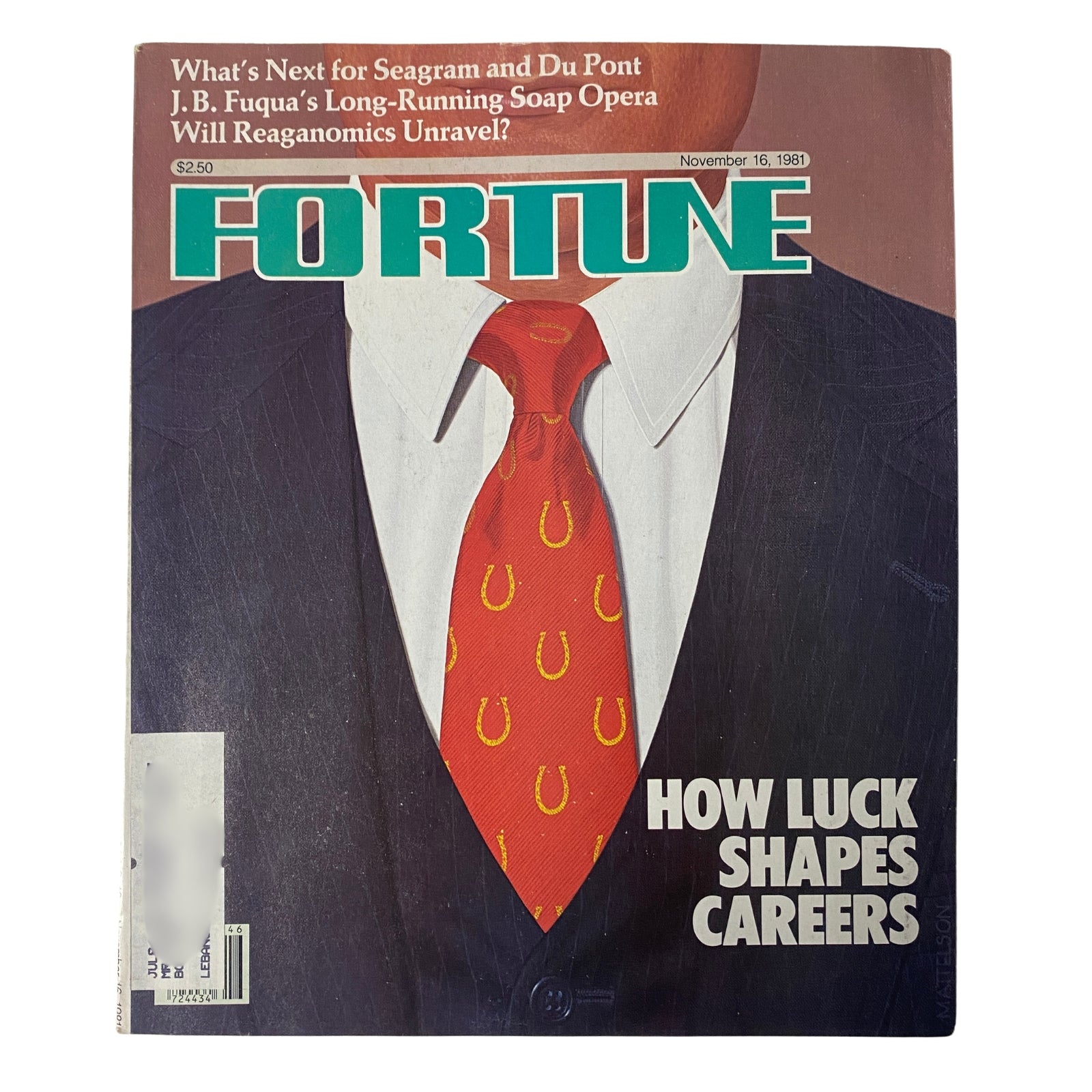 Cover of Fortune Magazine from November 16, 1981, featuring the title 'How Luck Shapes Careers,' showcasing a businessman in a suit with a horseshoe-patterned tie.