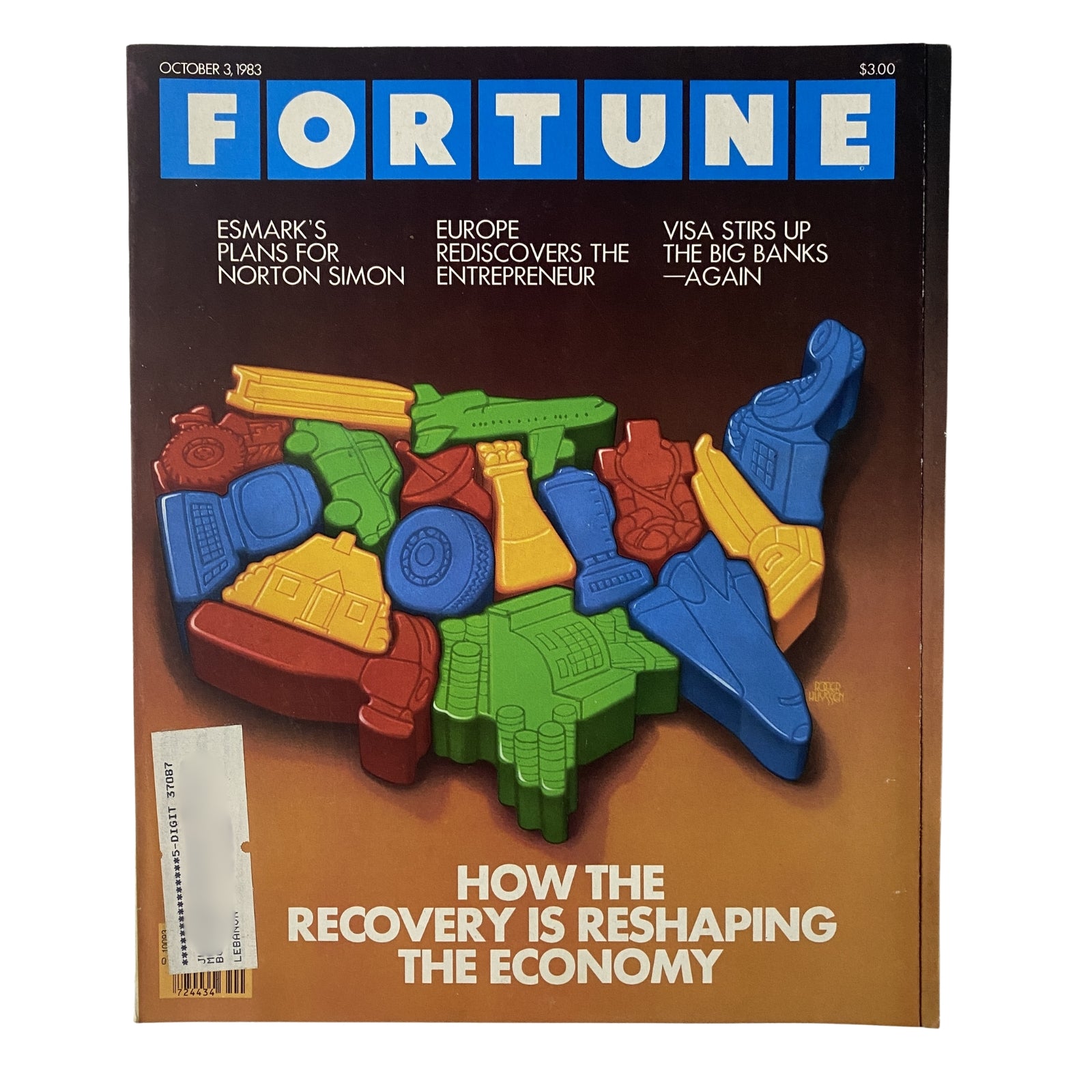 Cover image of Fortune Magazine from October 3, 1983, featuring the title 'How The Recovery is Reshaping The Economy' with colored models representing various industries.