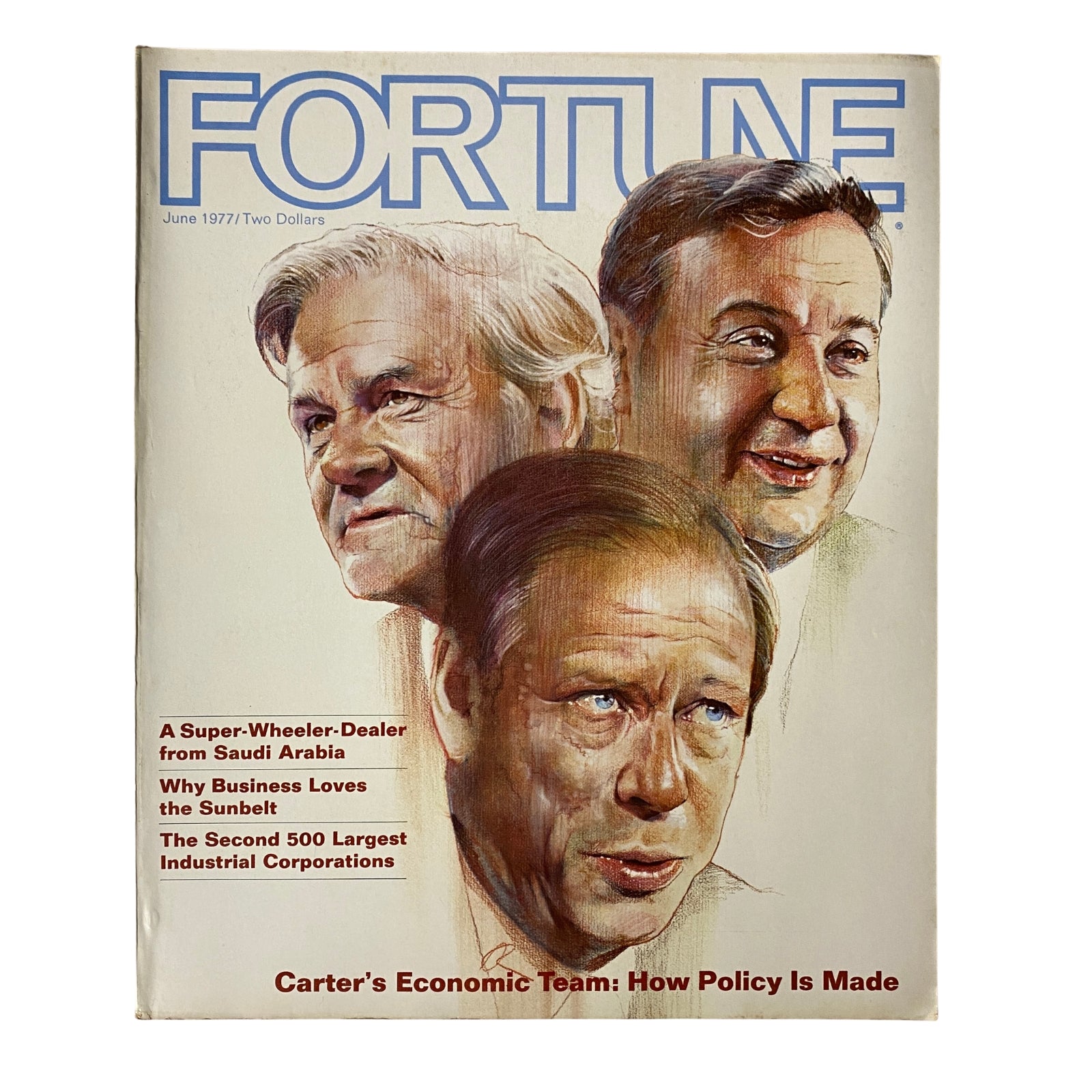 Cover of Fortune Magazine, June 1977 edition featuring the title 'Carter's Economic Team: How Policy Is Made' with illustrations of key economic figures, showcasing topics on business, economics, and policy during the Carter administration.
